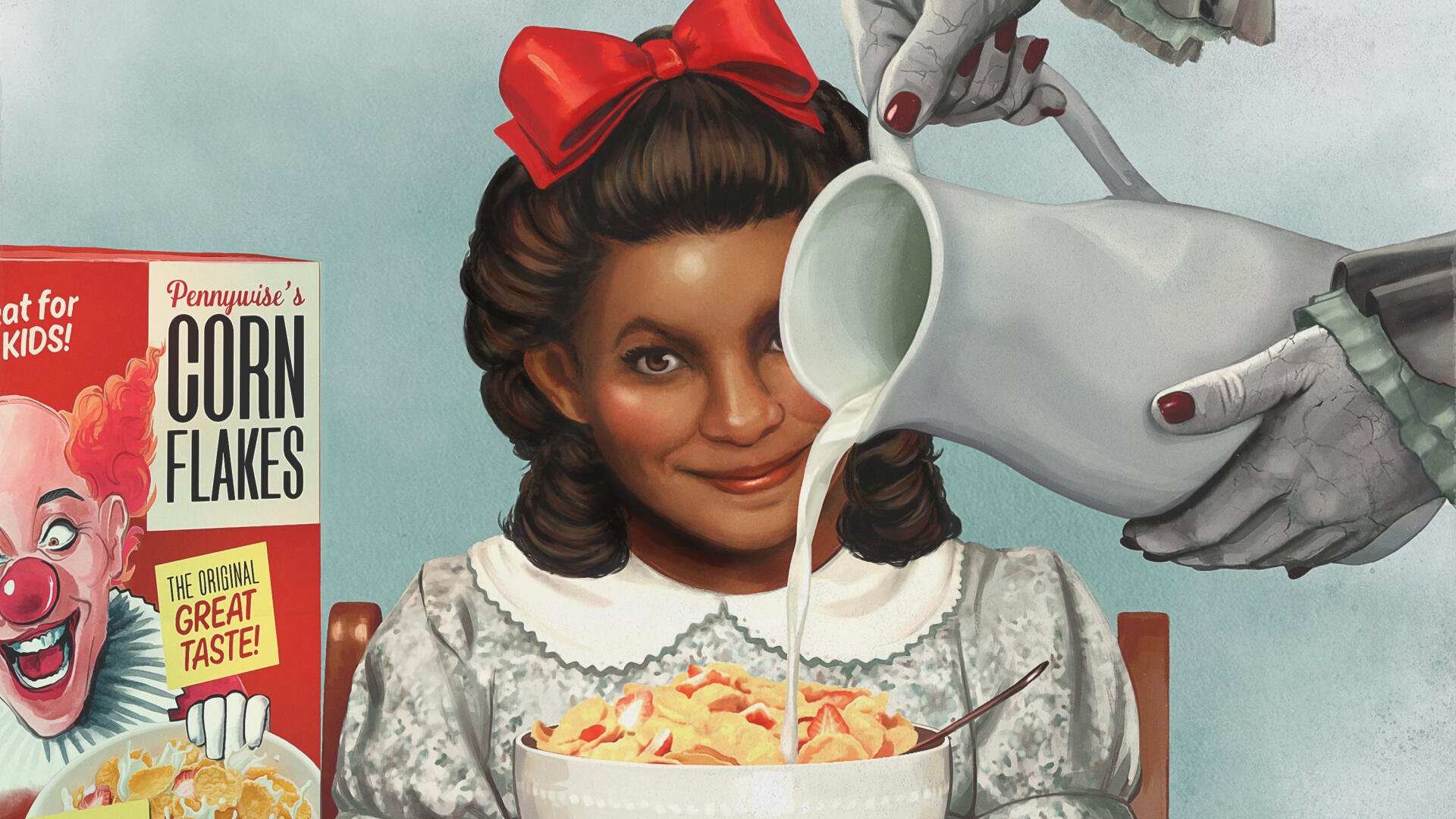 Retro cereal-ad style 2K Quad HD PC desktop wallpaper for It: Welcome to Derry TV Show — smiling girl with red bow eats cereal as gloved clown hands pour milk.