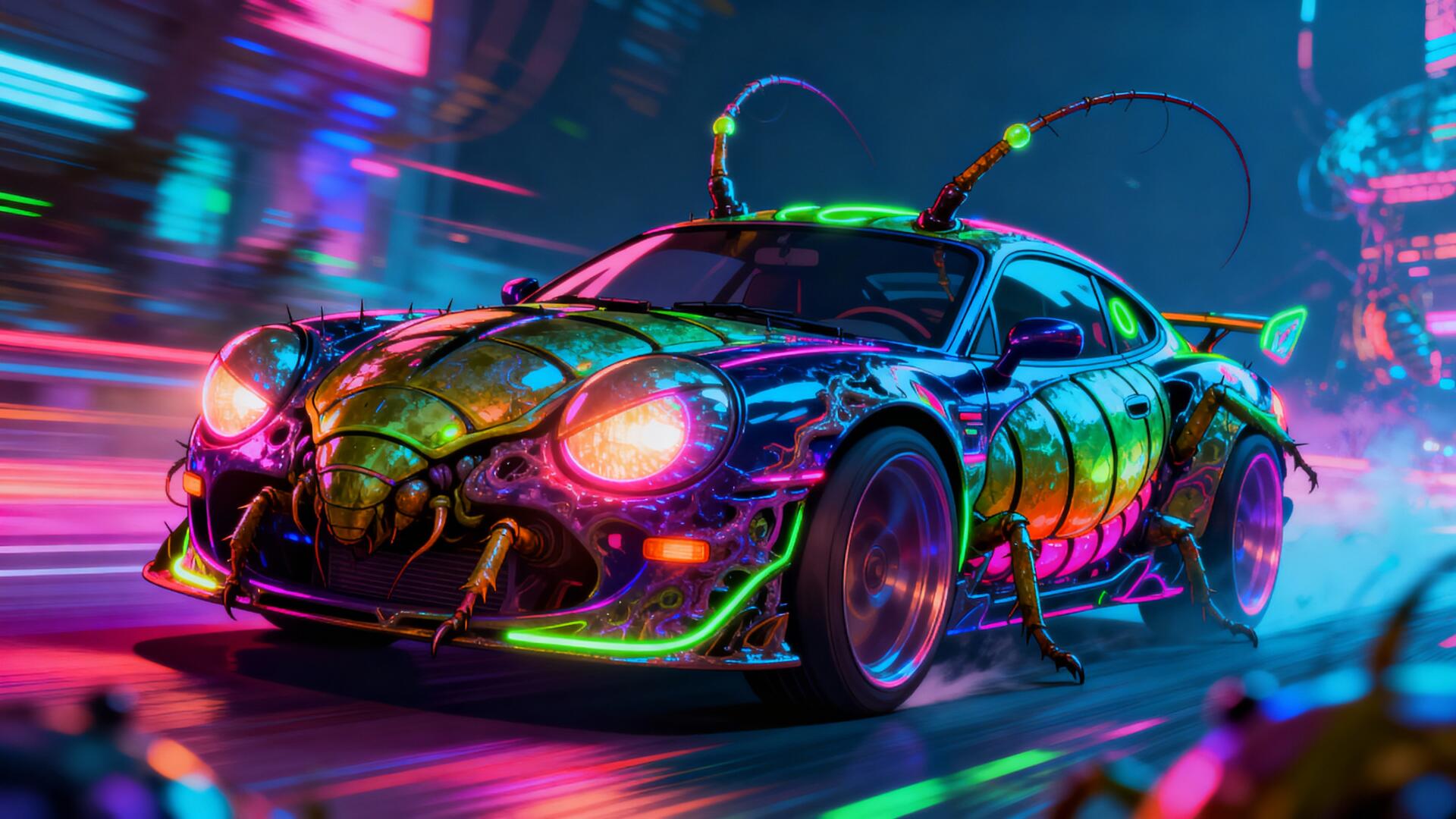 4K Ultra HD PC Desktop Wallpaper and Background: neon cyberpunk sports car with beetle-like armored shell and glowing accents speeding through rain-slick futuristic city streets.