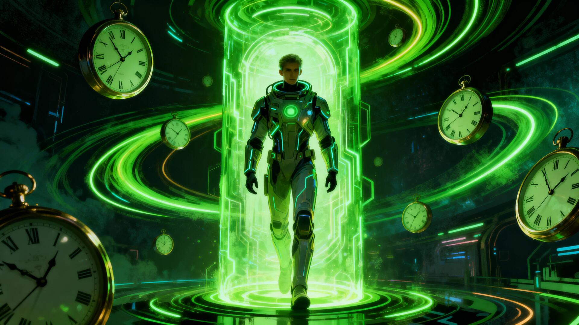 Time Travel 4K Ultra HD PC desktop wallpaper: armored traveler emerges from a glowing green time portal amid floating clocks and swirling temporal energy.