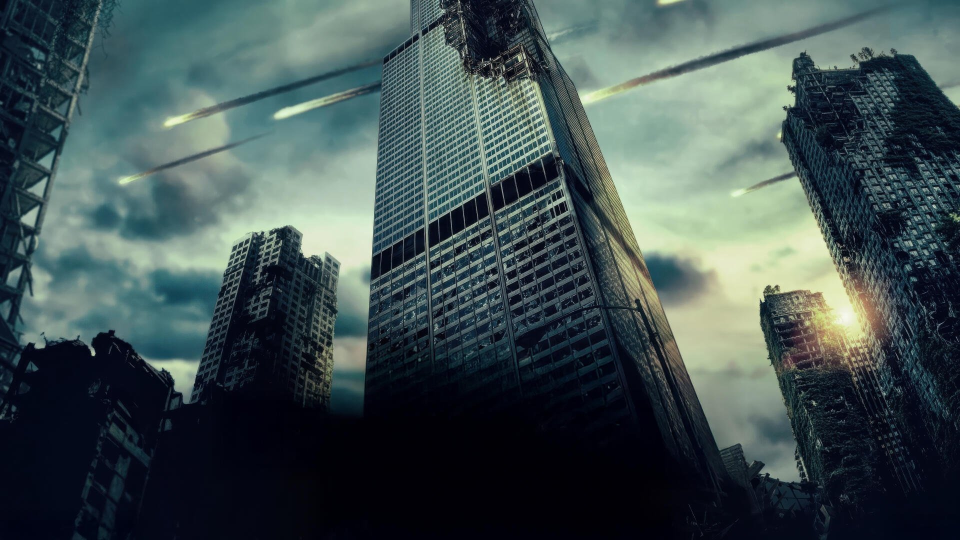 Greenland 2: Migration — 5K Ultra HD PC desktop wallpaper and background: post-apocalyptic city with toppled skyscrapers, dark storm clouds and streaking projectiles over a ruined skyline.