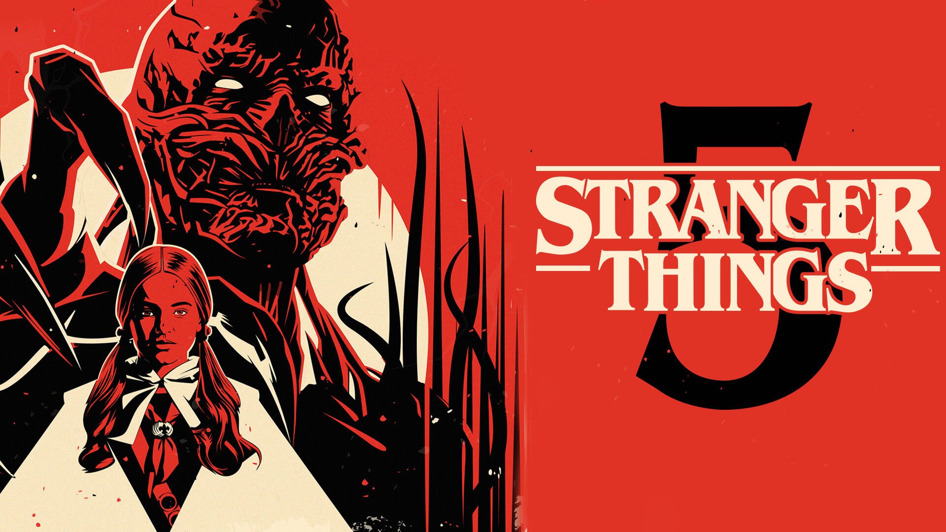Stranger Things 5 graphic in red and black: monstrous face, silhouetted female figure and tentacle-like shapes — 8K Ultra HD PC desktop wallpaper and background.