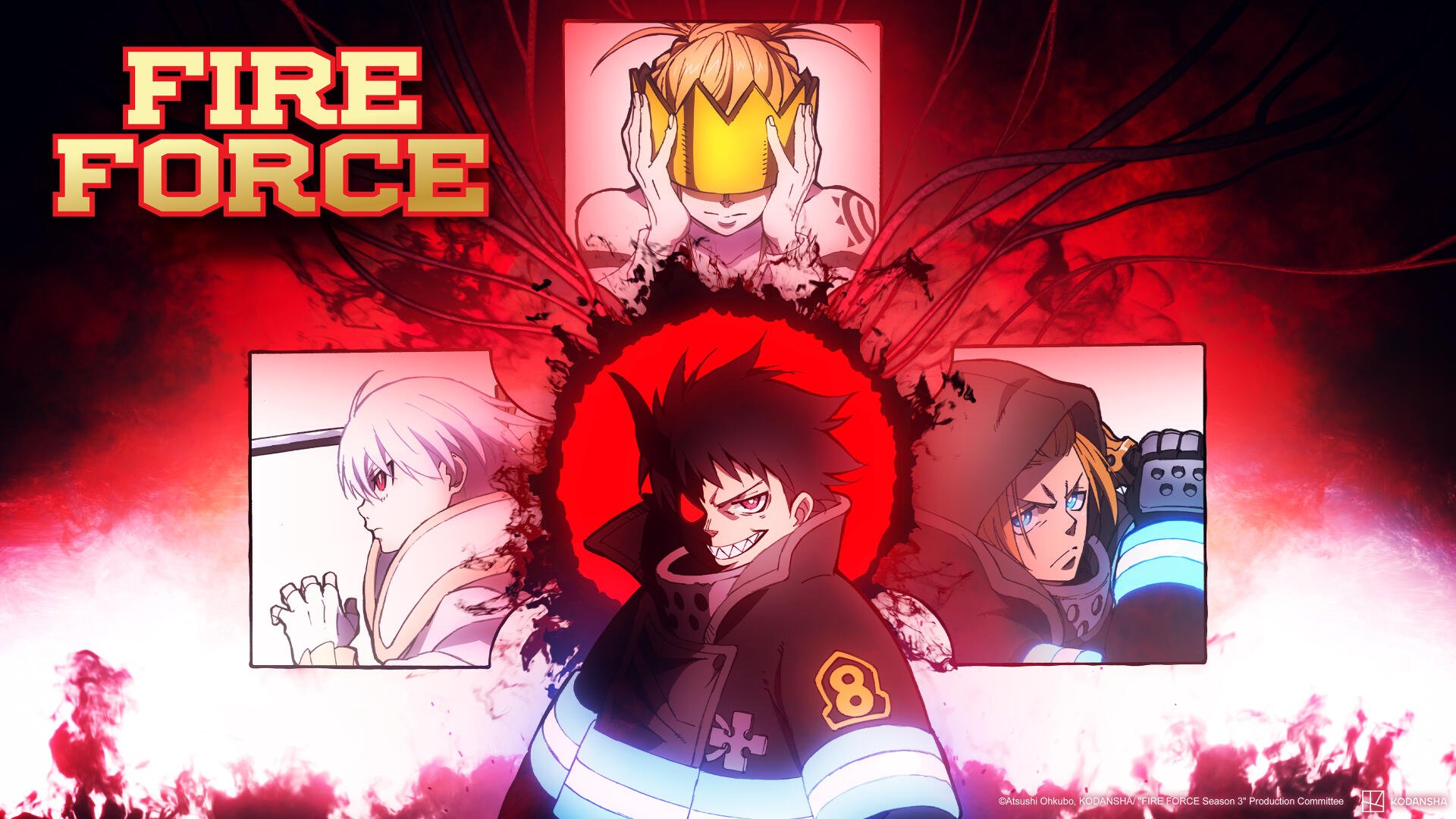 Fire Force 4K Ultra HD PC desktop wallpaper — three firefighters in gear against a red, fiery backdrop; central grinning protagonist framed by a burning cross with the series logo.
