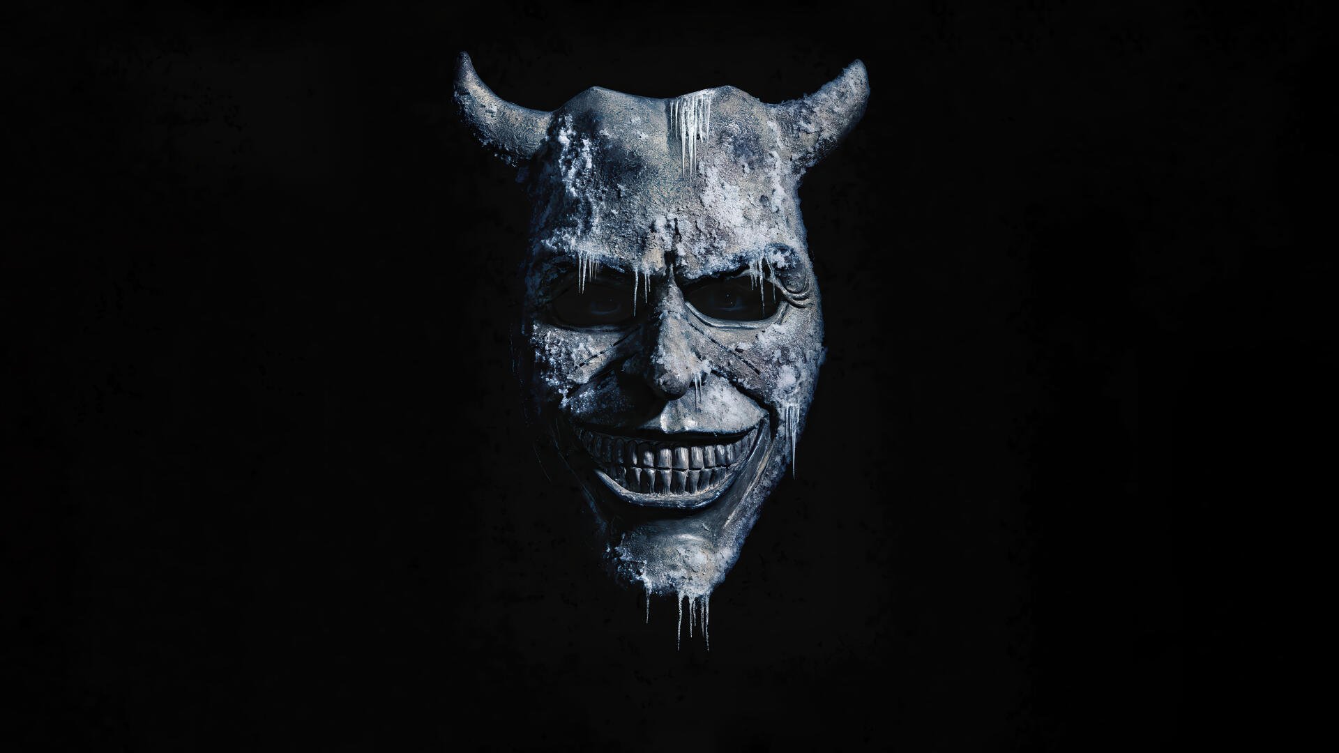 The Black Phone 2 4K Ultra HD PC desktop wallpaper and background: icy demonic horned mask with hollow eyes and a toothy grin emerging from a black void.