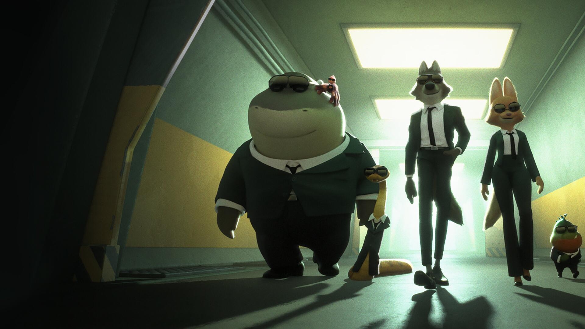 The Bad Guys 2 4K Ultra HD PC desktop wallpaper and background: three suit-clad anthropomorphic animals—stocky, tall wolf-like figure, and rabbit—stride down a dim, fluorescent corridor.