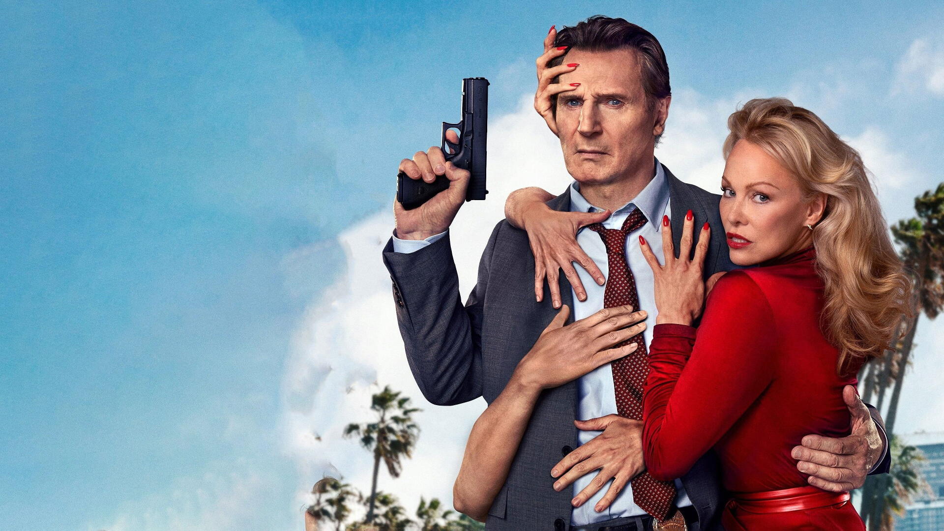 The Naked Gun 4K Ultra HD PC desktop wallpaper: a besuited man holding a pistol with a blonde woman clinging to him, palm trees and blue sky in the background.