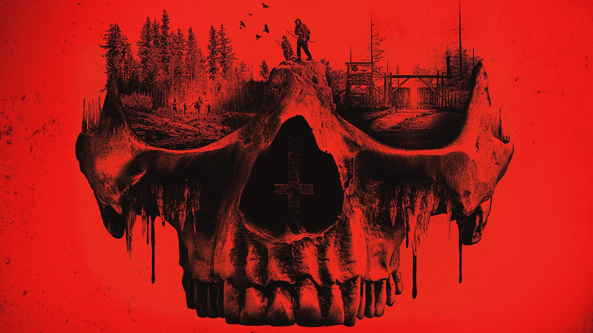 28 Years Later 4K Ultra HD PC desktop wallpaper: crimson scene of a skull-shaped landscape with trees, figures and ruined buildings forming eye sockets and jaws.