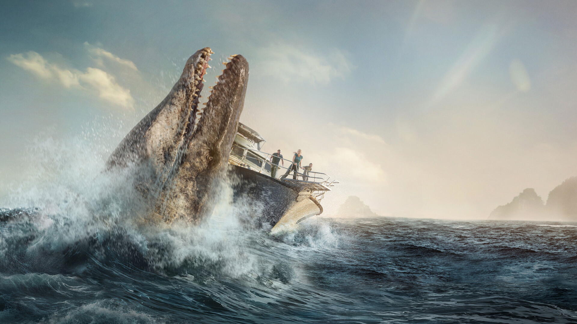 Jurassic World Rebirth 4K Ultra HD PC desktop wallpaper and background: a colossal sea reptile breaches beside a small boat with silhouetted figures, crashing waves and dramatic sky.