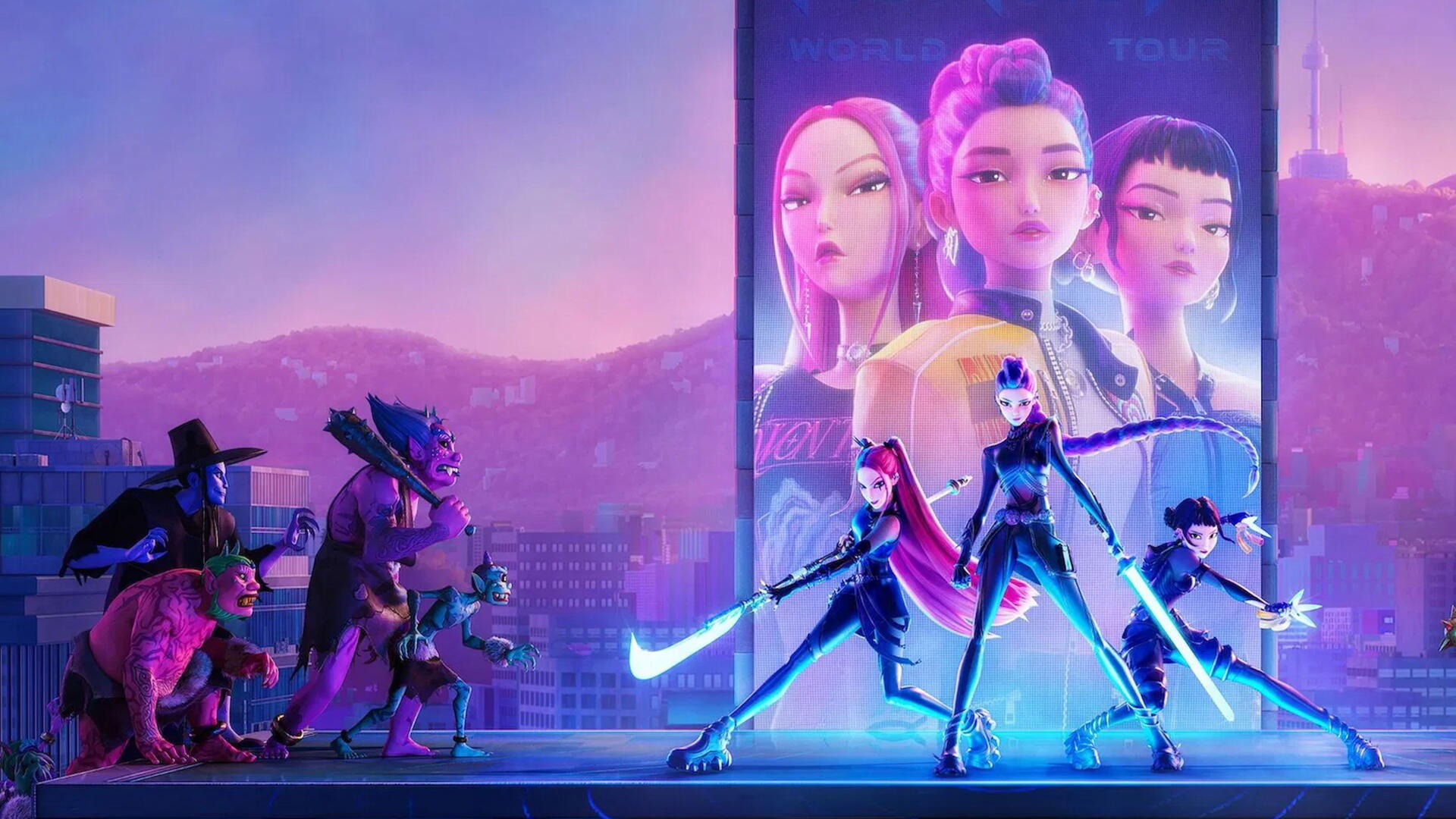 KPop Demon Hunters 4K Ultra HD PC desktop wallpaper: neon-lit trio of stylish demon hunters on a rooftop, billboard portraits behind them, confronting monstrous foes against a purple city skyline.