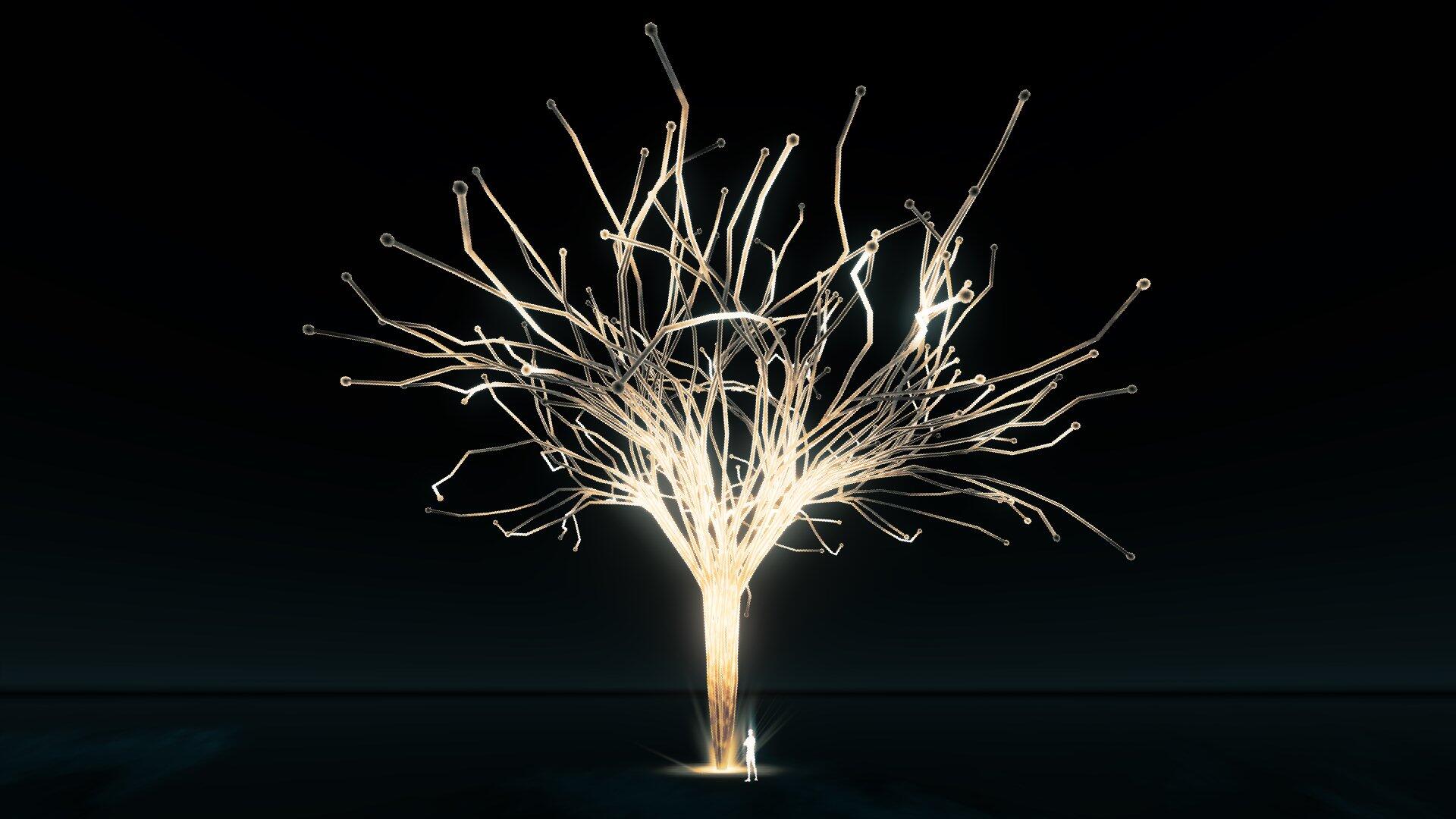 HD PC desktop wallpaper: glowing tree of light from Assassin's Creed Valhalla (Ubisoft) rising from darkness against a minimalist black background.