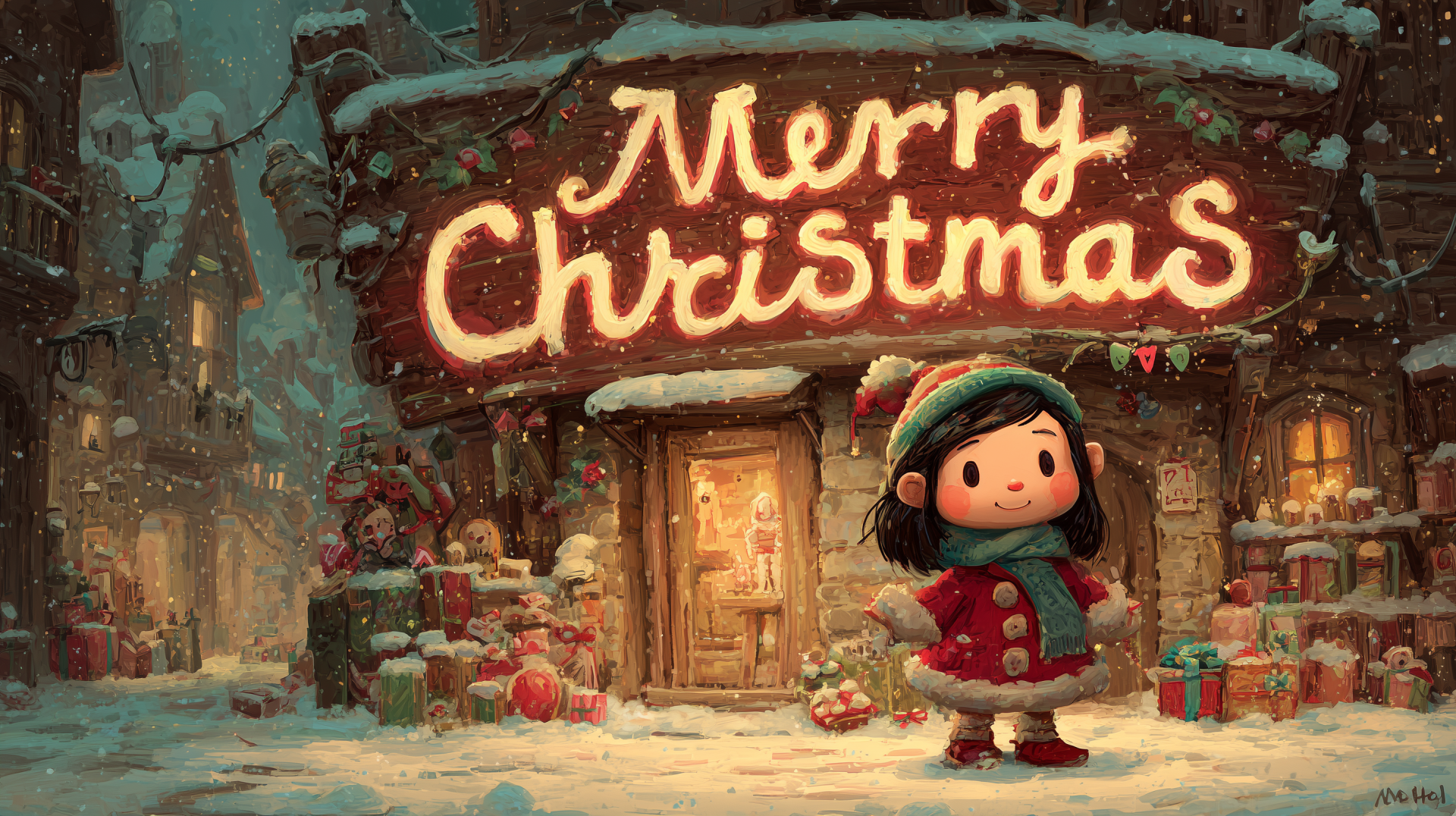 Winter Christmas illustration: child in red coat stands in snow before a glowing Merry Christmas shop, gifts nearby — 2K Quad HD PC desktop wallpaper/background.