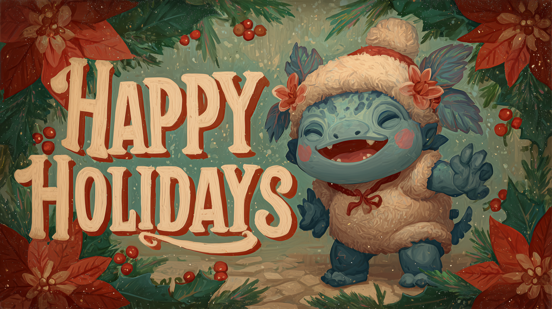 Kawaii blue creature in a wool hat and sweater, smiling beside holly and poinsettias with big Happy Holidays text — 2K Quad HD PC desktop wallpaper background.