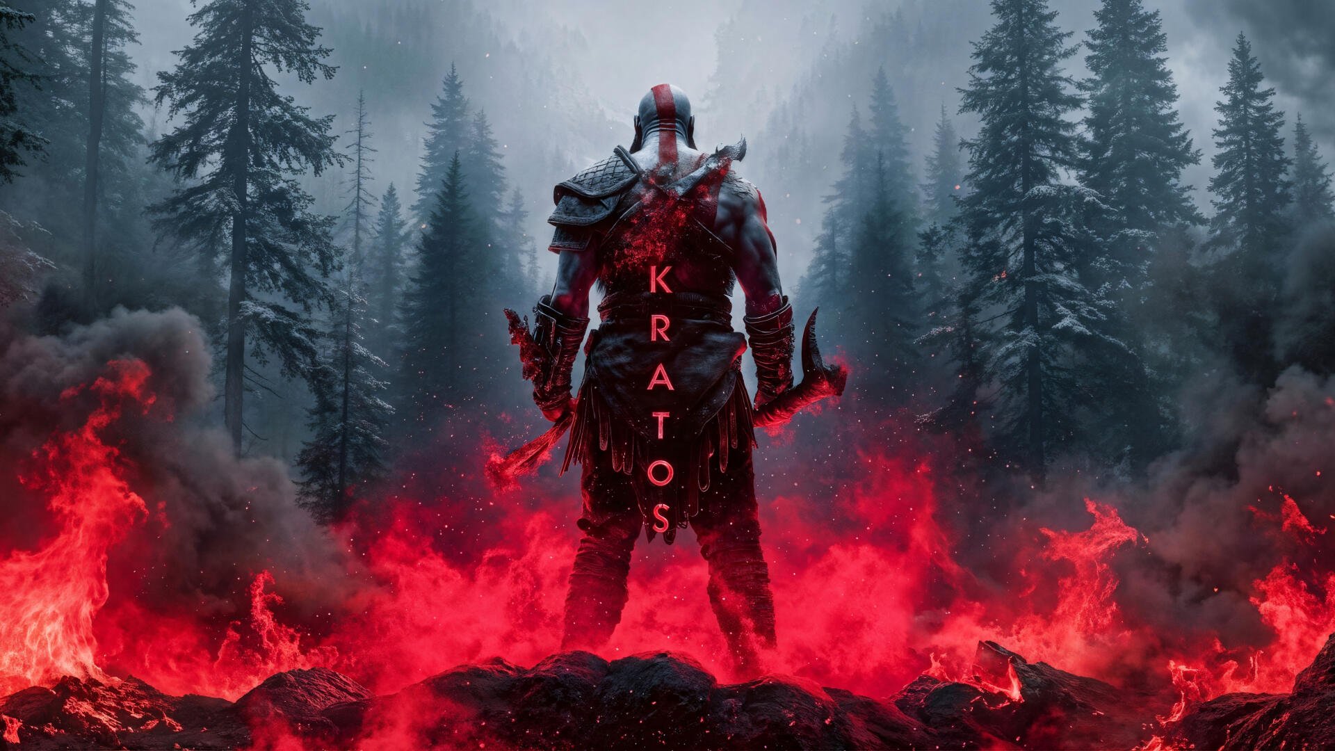 Kratos from God of War (2018) stands in red flames and smoke before snow-covered pines, 4K Ultra HD PC desktop wallpaper and background.