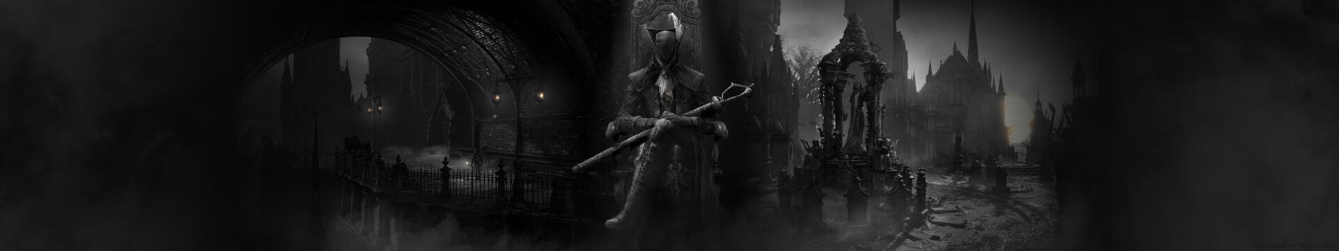 Bloodborne 4K Ultra HD PC desktop wallpaper: a hooded hunter in gothic armor sits on a throne clutching a long bladed weapon, fog-shrouded ruined city and wrought-iron lamps behind him.