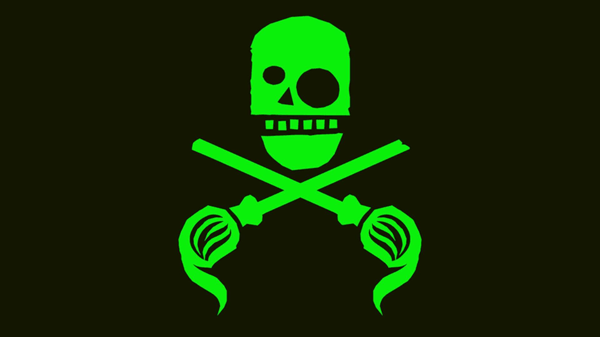 The Toxic Avenger 4K Ultra HD PC desktop wallpaper — neon green skull with one eye and crossed mop handles dripping slime on a black background.