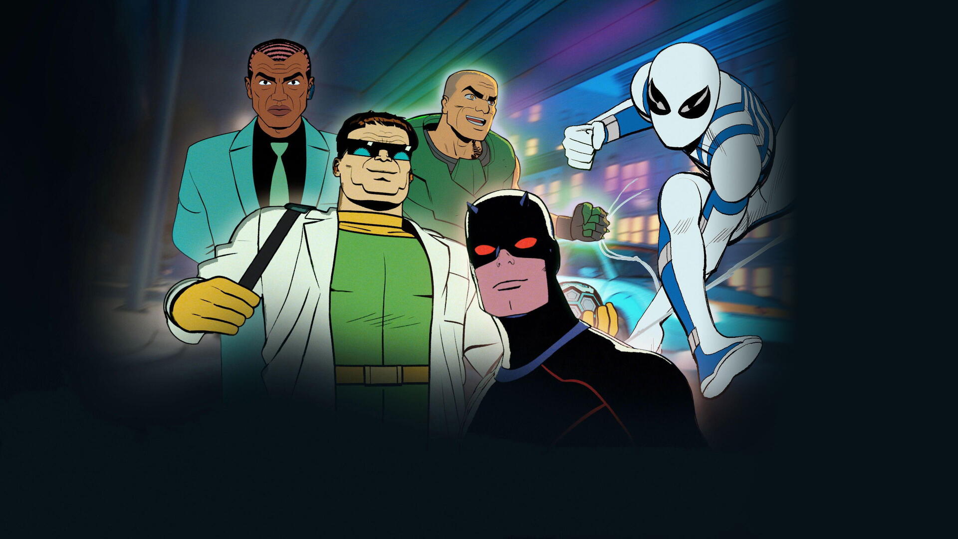 Your Friendly Neighborhood Spider-Man 4K Ultra HD PC desktop wallpaper: animated white-suited Spider-Man poses with four villains against neon city lights and a dark skyline background.