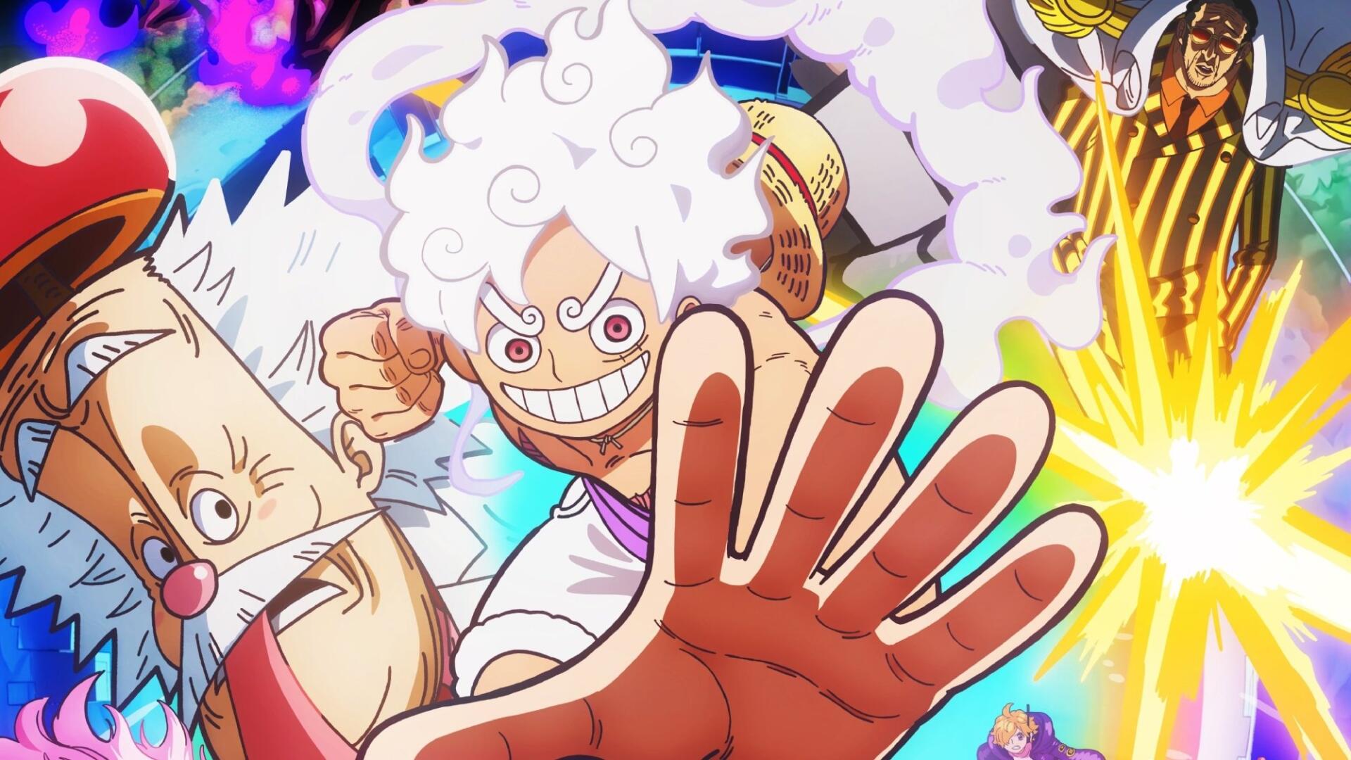 One Piece HD PC desktop wallpaper and background: vibrant, high‑energy scene of grinning cloud‑haired Luffy reaching out amid colorful explosions.