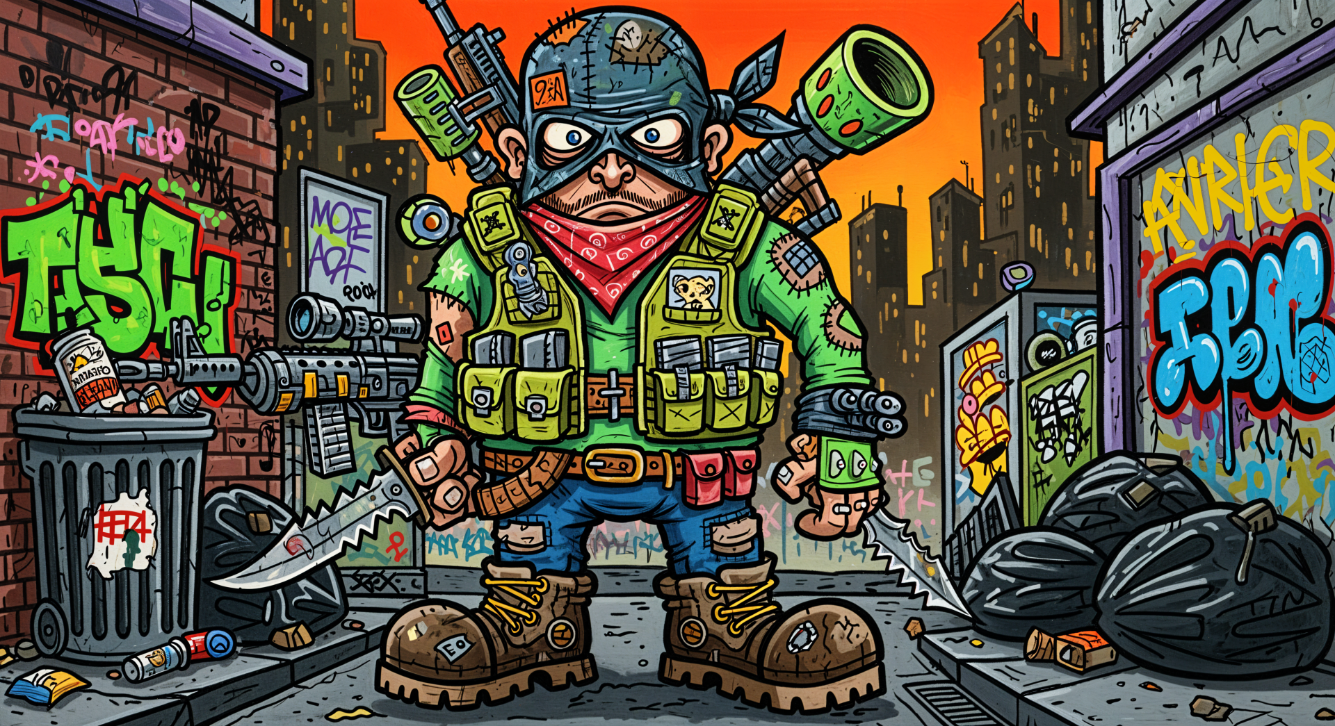 Cartoon mercenary in rugged armor and bandana, loaded with knives and guns amid a neon graffiti city alley — vibrant 4K Ultra HD PC desktop wallpaper and background.