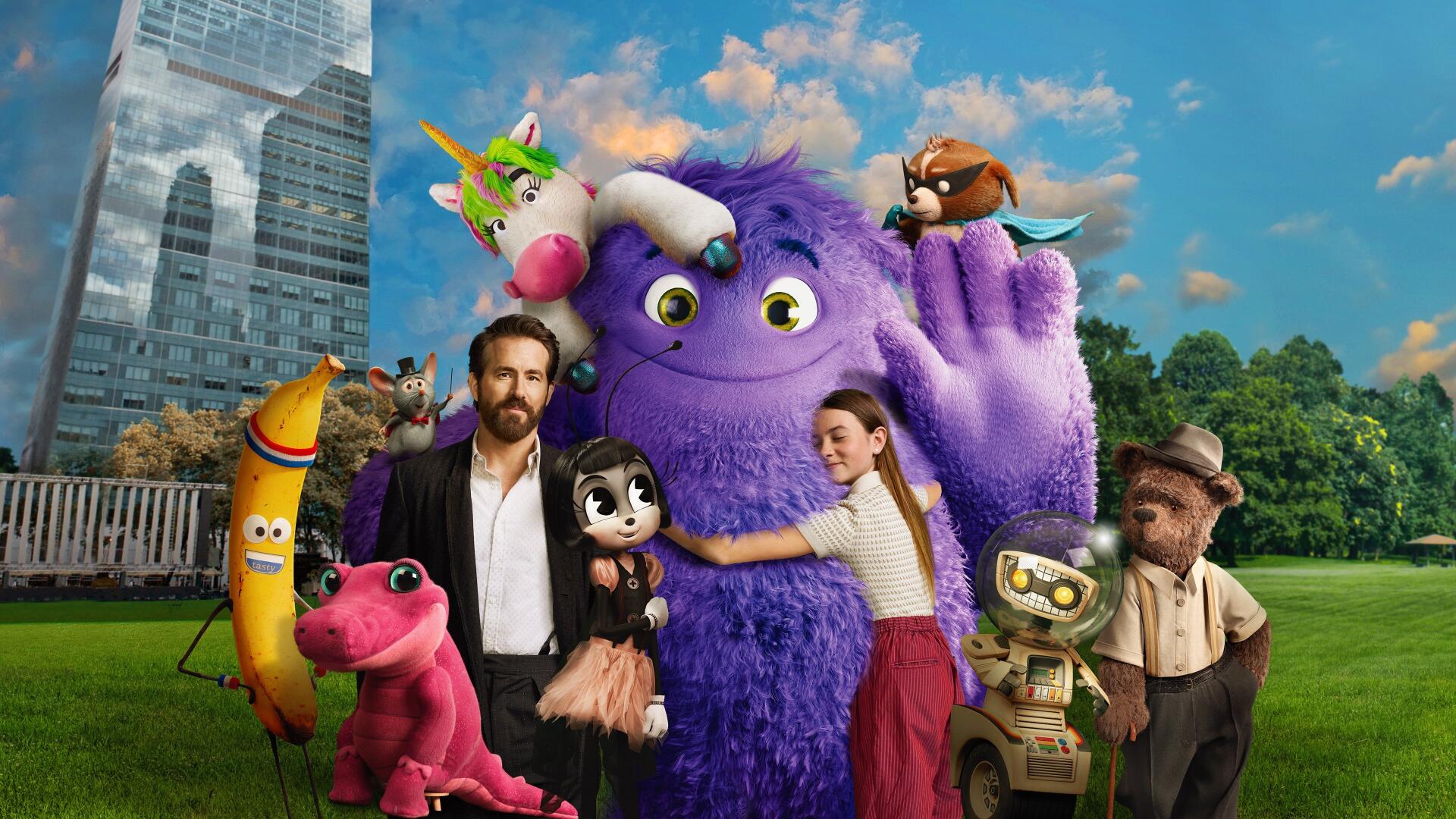 IF (2024) 4K Ultra HD PC Desktop Wallpaper and Background — a whimsical purple furry giant embraced by animated and live-action characters in a sunny city park with a skyscraper backdrop.
