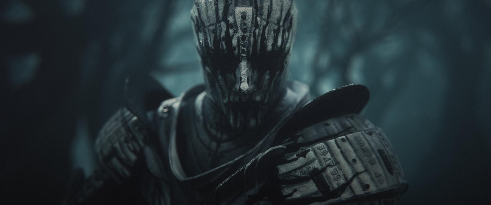 Mortal Shell video game horror 2K Quad HD PC desktop wallpaper: masked, weathered armored figure with bark-like face looming in a fog-shrouded forest.
