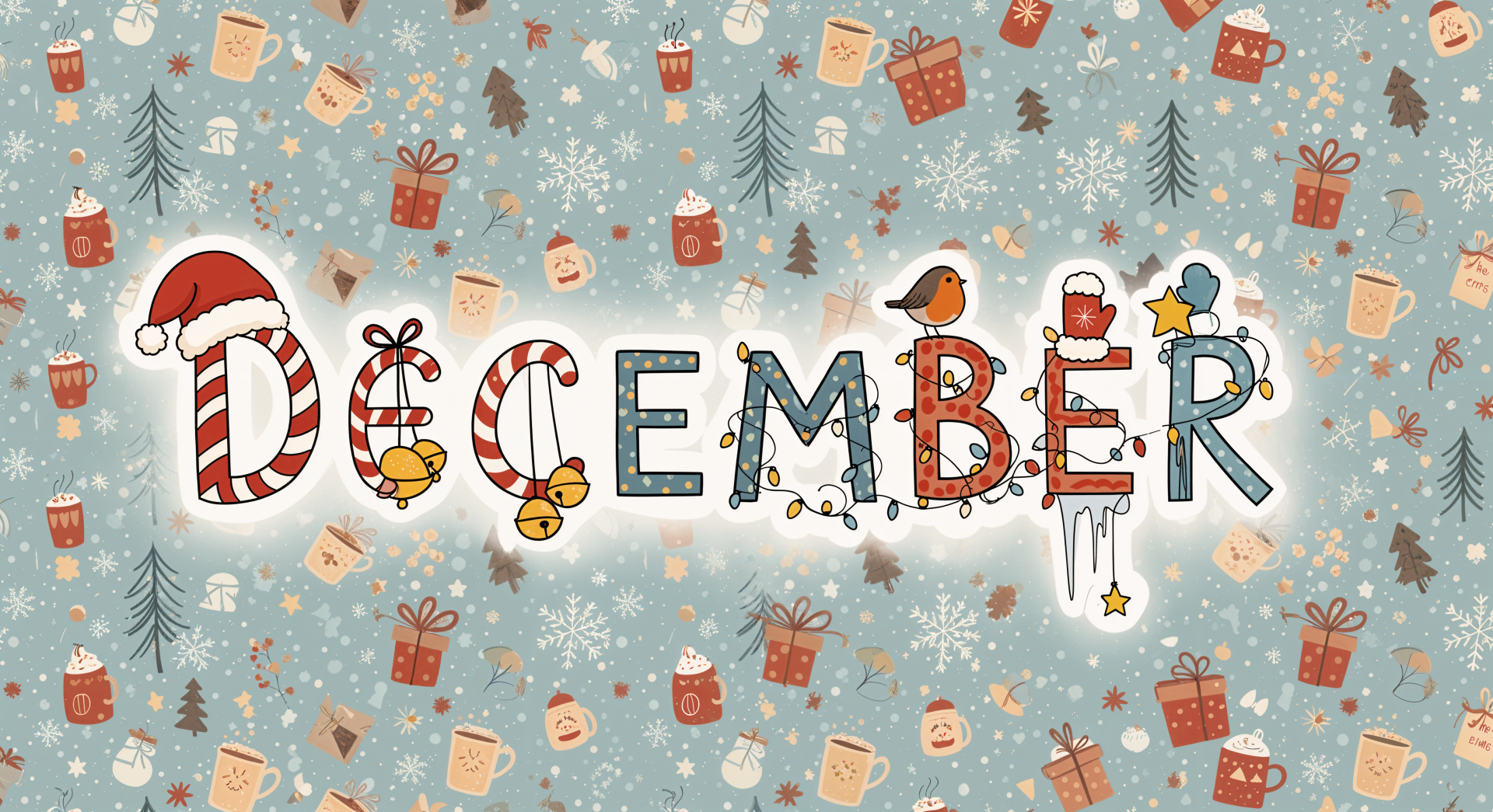 Whimsical DECEMBER lettering adorned with candy cane, bells, lights, robin and icicles over a snowy blue pattern of gifts, mugs and pine trees — 4K Ultra HD PC Desktop Wallpaper and Background.