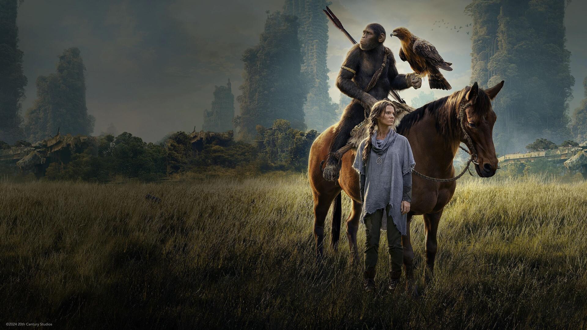 Kingdom of the Planet of the Apes 4K Ultra HD PC desktop wallpaper and background — ape warrior on horseback with a hawk, a woman beside the horse amid a misty, overgrown ruined cityscape.