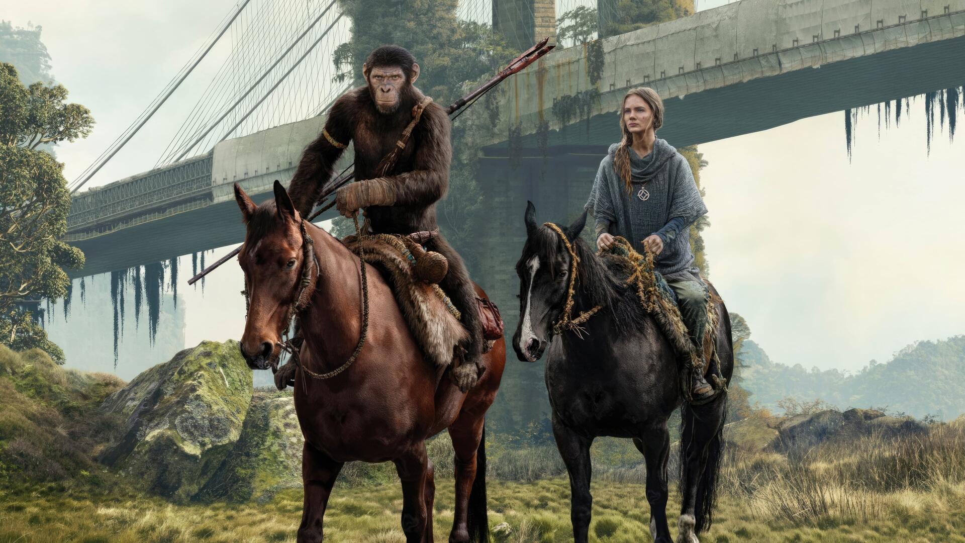 Kingdom of the Planet of the Apes 4K Ultra HD PC wallpaper: an ape and a woman ride horses through moss-covered ruins beneath a broken highway overpass.