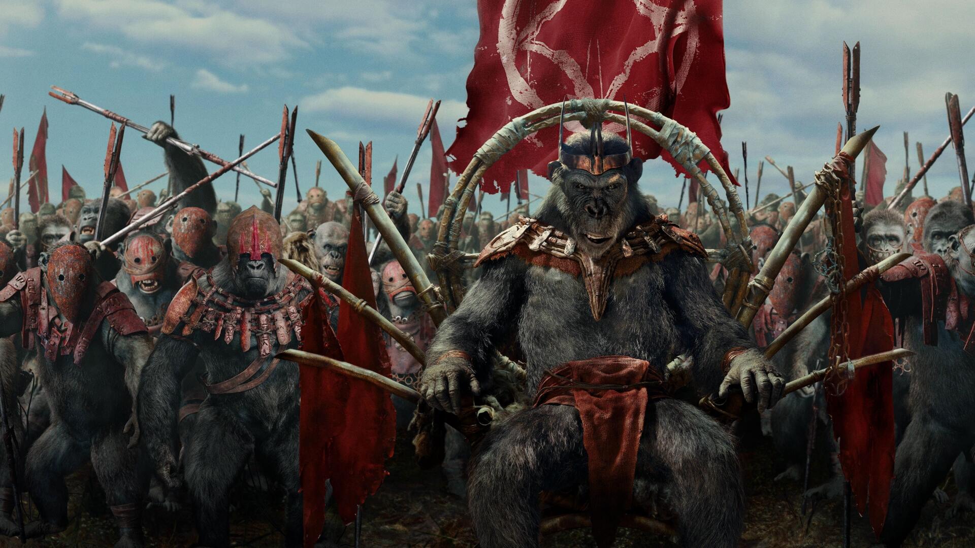 4K Ultra HD PC desktop wallpaper from Kingdom of the Planet of the Apes: armored ape leader on a throne before red banners, flanked by armed ape warriors under a cloudy sky.