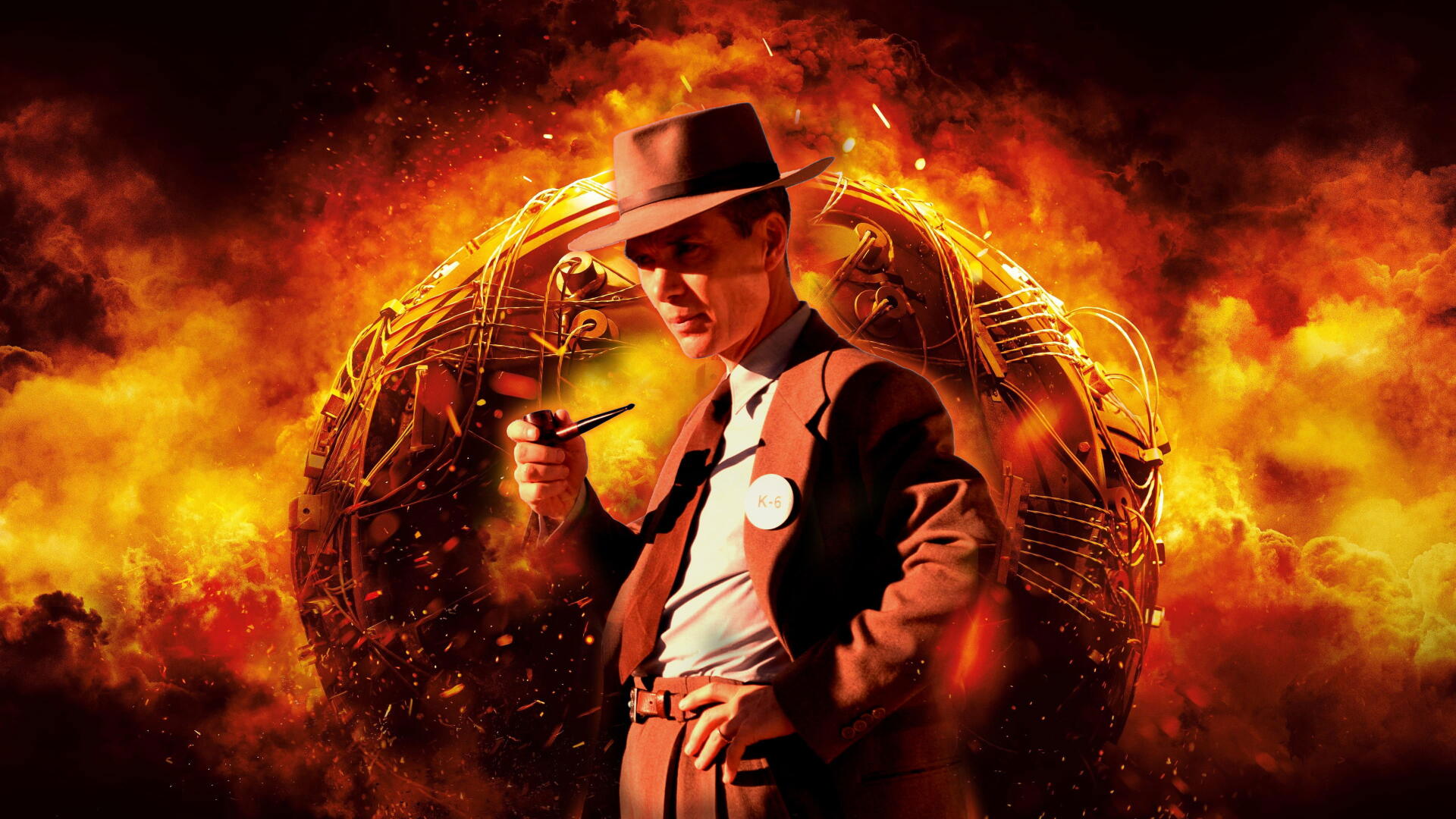 4K Ultra HD PC desktop wallpaper: a fedora-clad man with a pipe stands before a fiery, atomic-style explosion; image tagged Oppenheimer.