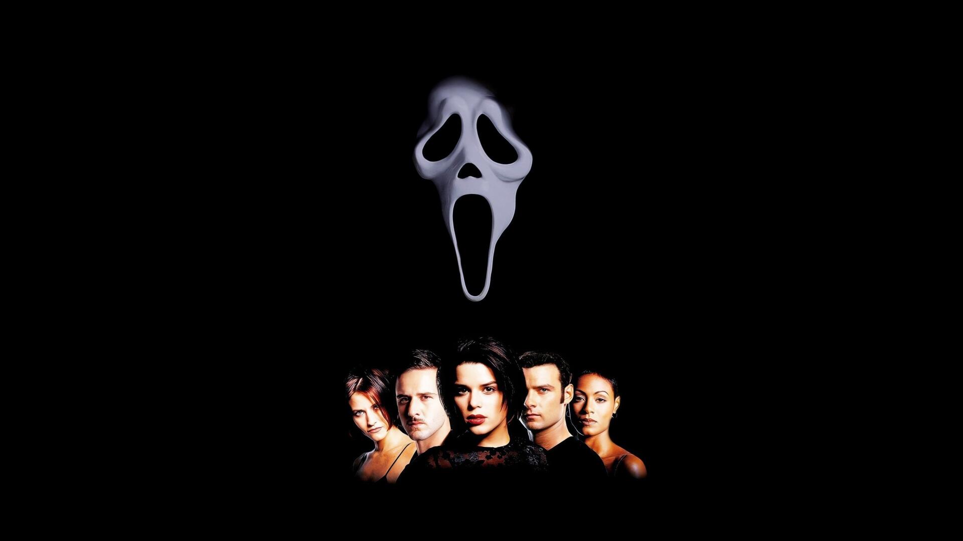 Scream 2 4K Ultra HD PC desktop wallpaper: Ghostface mask hovering over five wary characters against a black background.