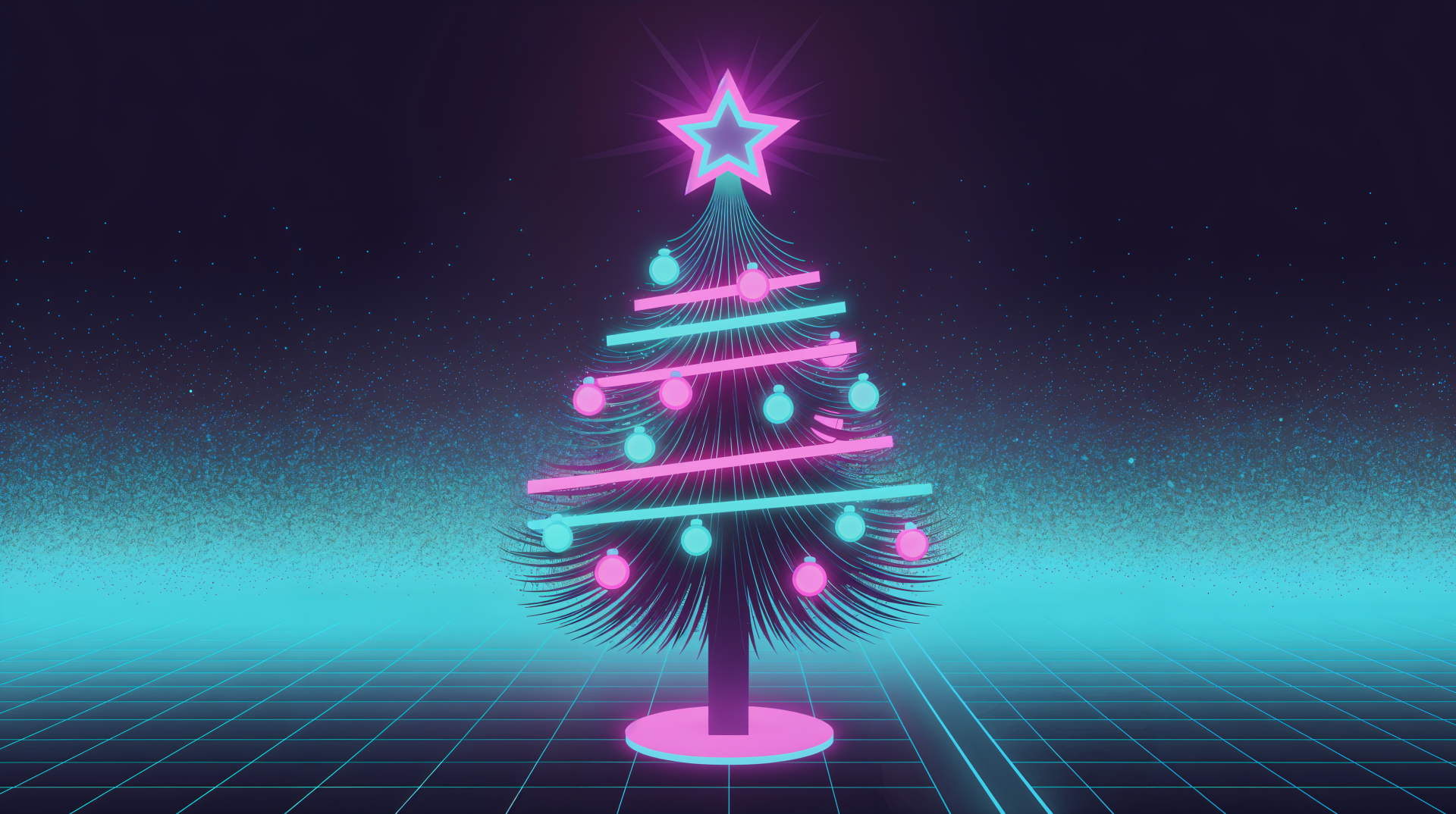 Christmas retrowave neon tree with magenta and cyan ornaments and glowing star above a retro grid horizon — 4K Ultra HD PC desktop wallpaper and background.
