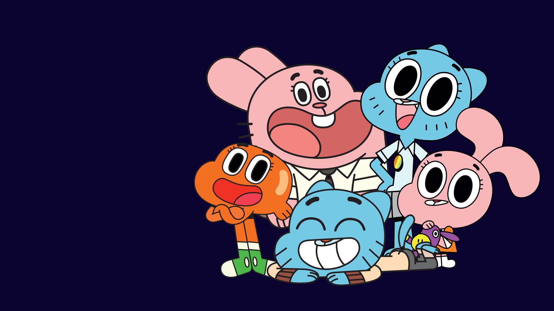 The Amazing World of Gumball 4K Ultra HD PC desktop wallpaper: the Watterson family and friends smiling together on a deep navy background.