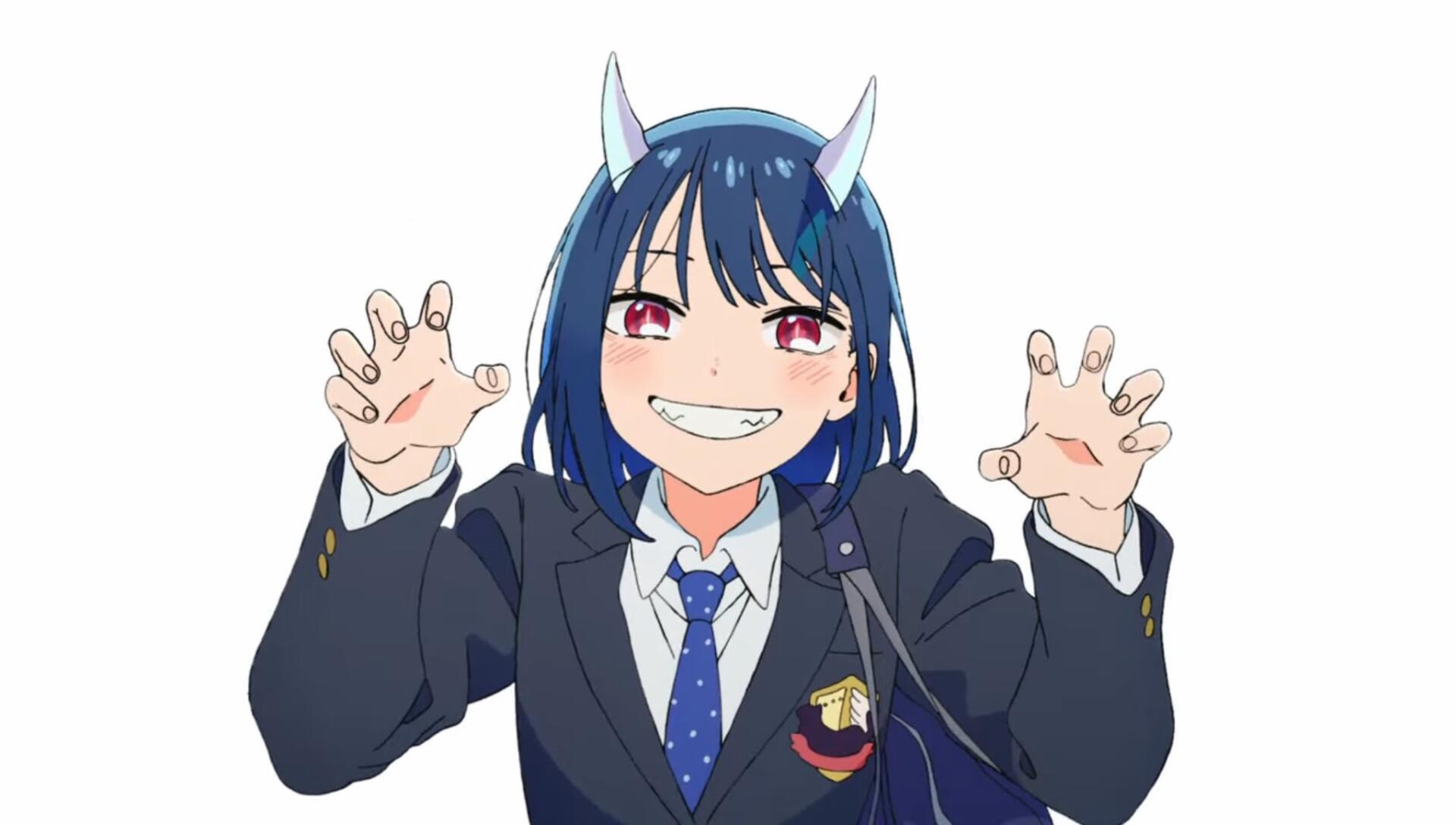 Anime HD PC desktop wallpaper of Ruri Dragon (Ruri Aoki): grinning blue‑haired schoolgirl with small horns in a blazer and tie, playfully reaching forward.
