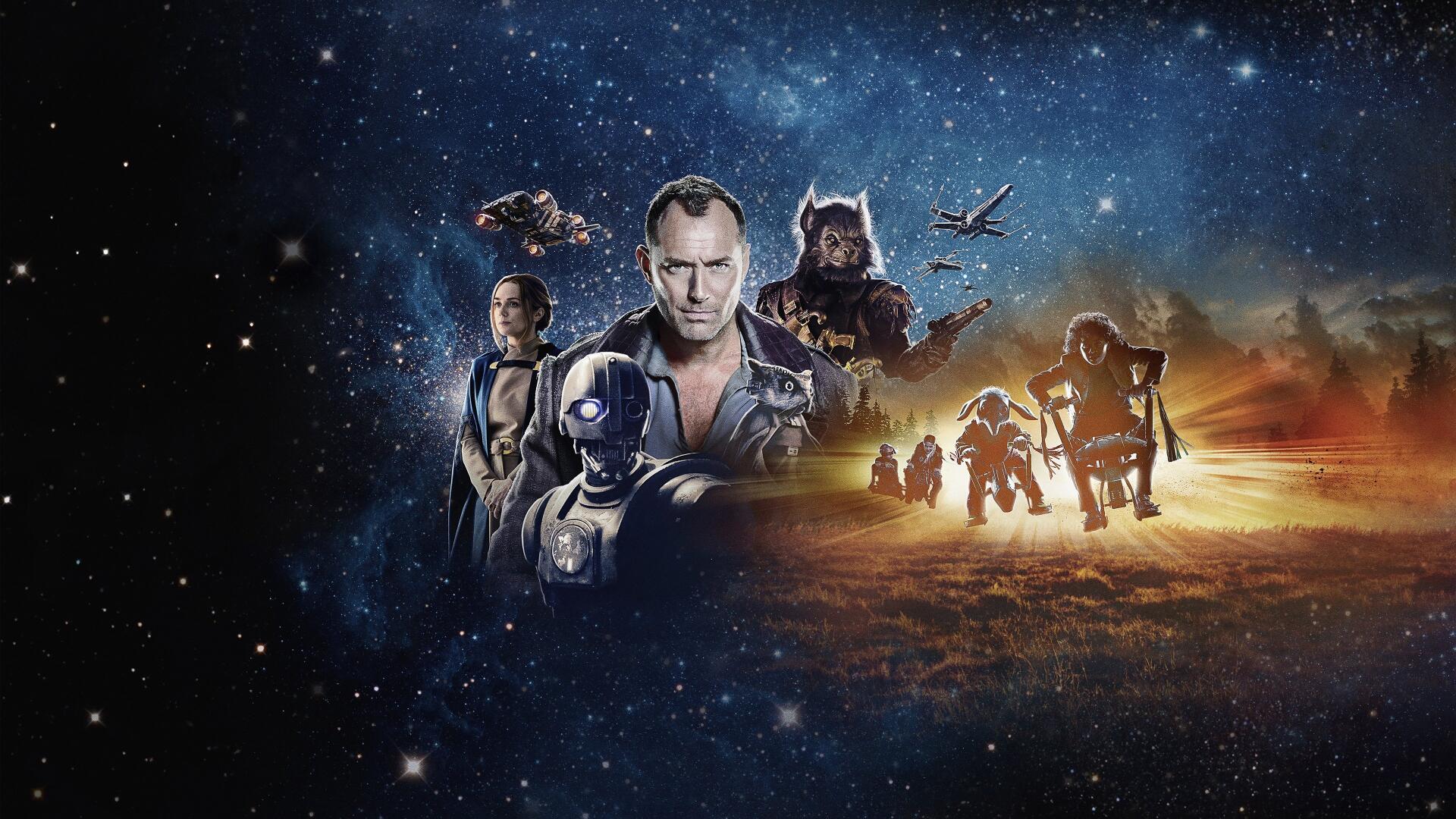 Star Wars: Skeleton Crew 4K Ultra HD PC desktop wallpaper — ensemble of crew members, droids and starfighters framed by a starfield merging into a desert battlefield.