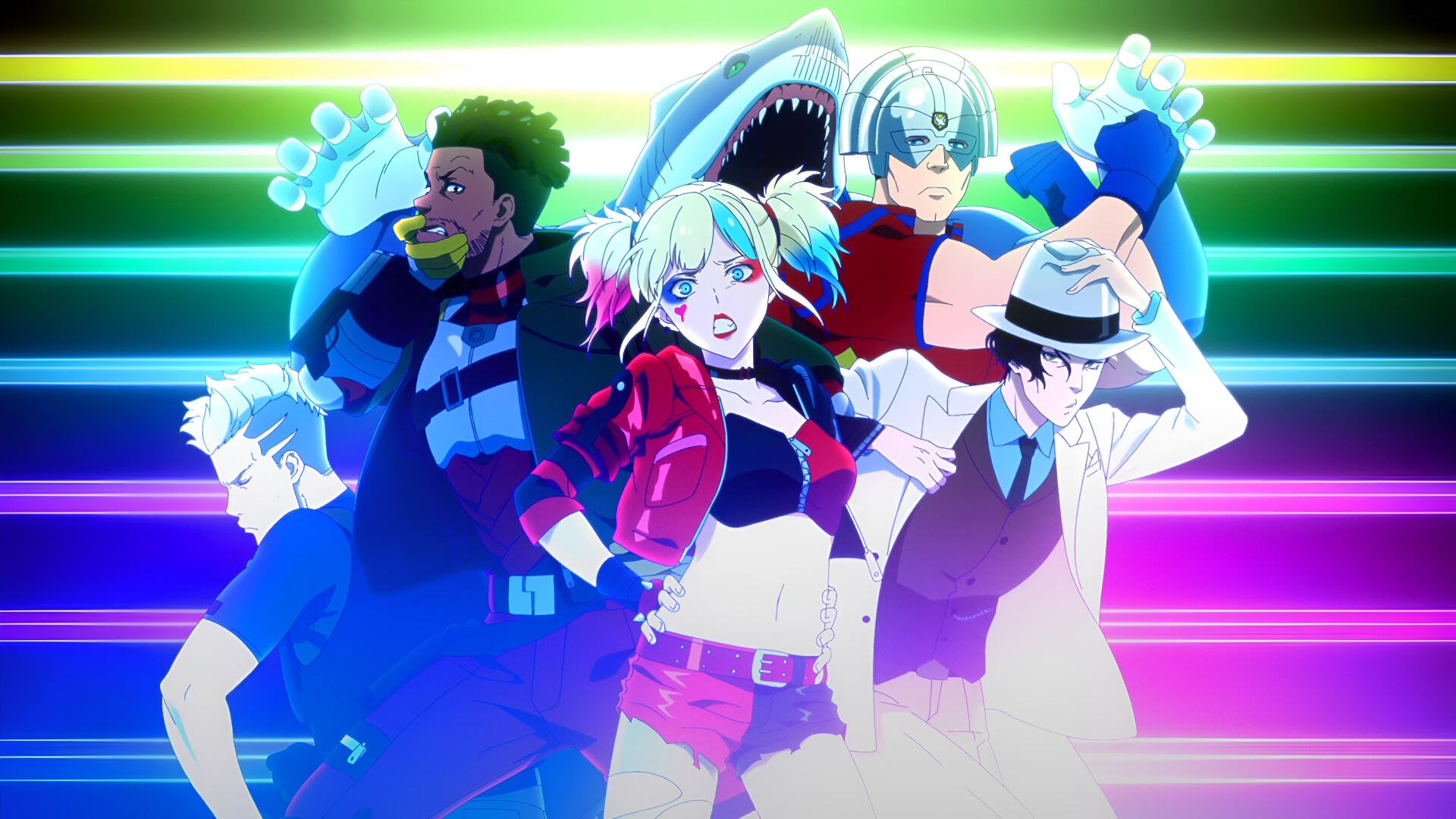 Suicide Squad Isekai anime-style squad — pigtail antihero, shark companion, masked brawler and hat-wearing tactician posed before neon rainbow stripes; 4K Ultra HD PC desktop wallpaper