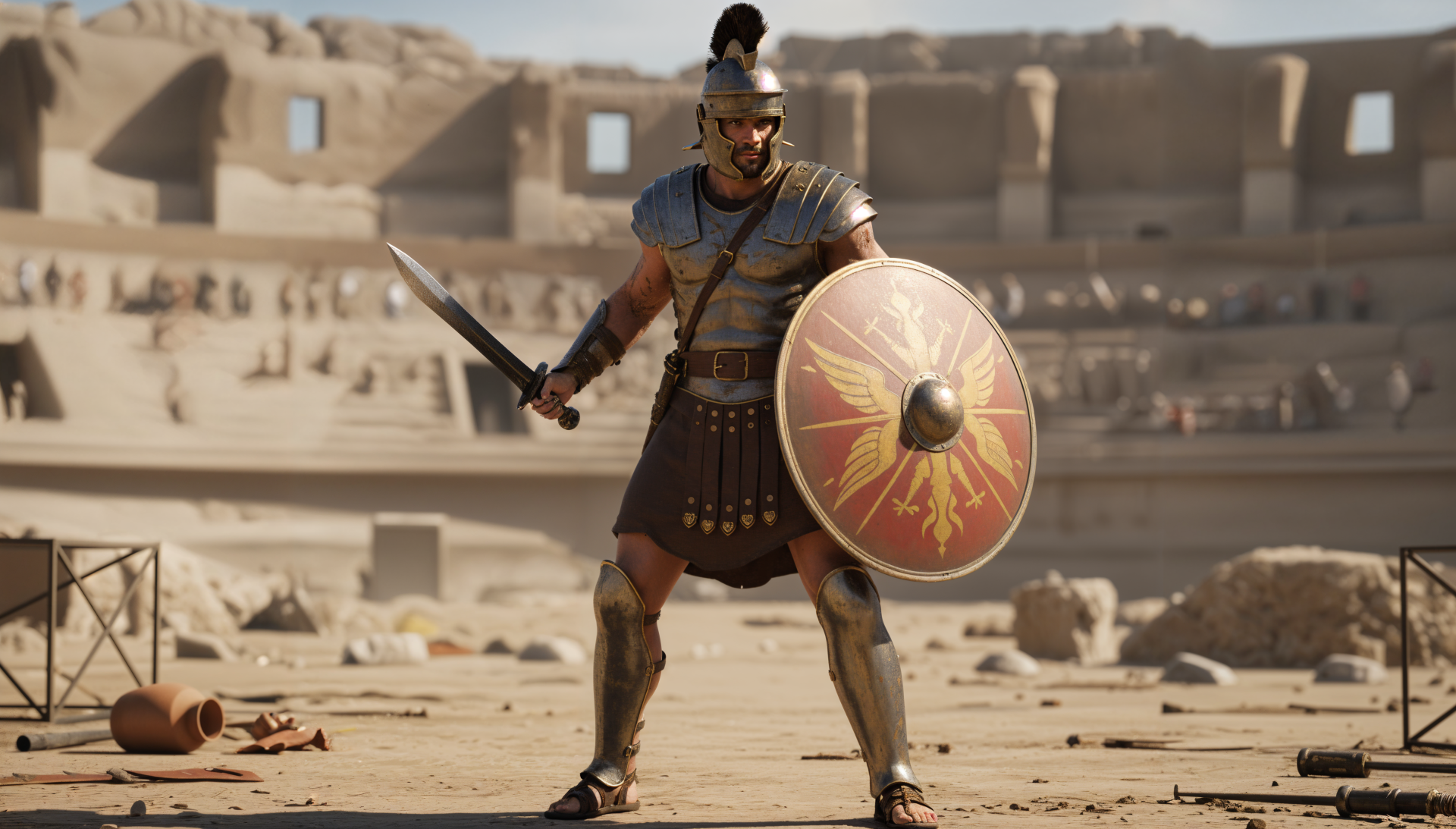 Gladiator in full armor with sword and ornate shield stands in a sunlit ancient arena — 4K Ultra HD PC desktop wallpaper and background.