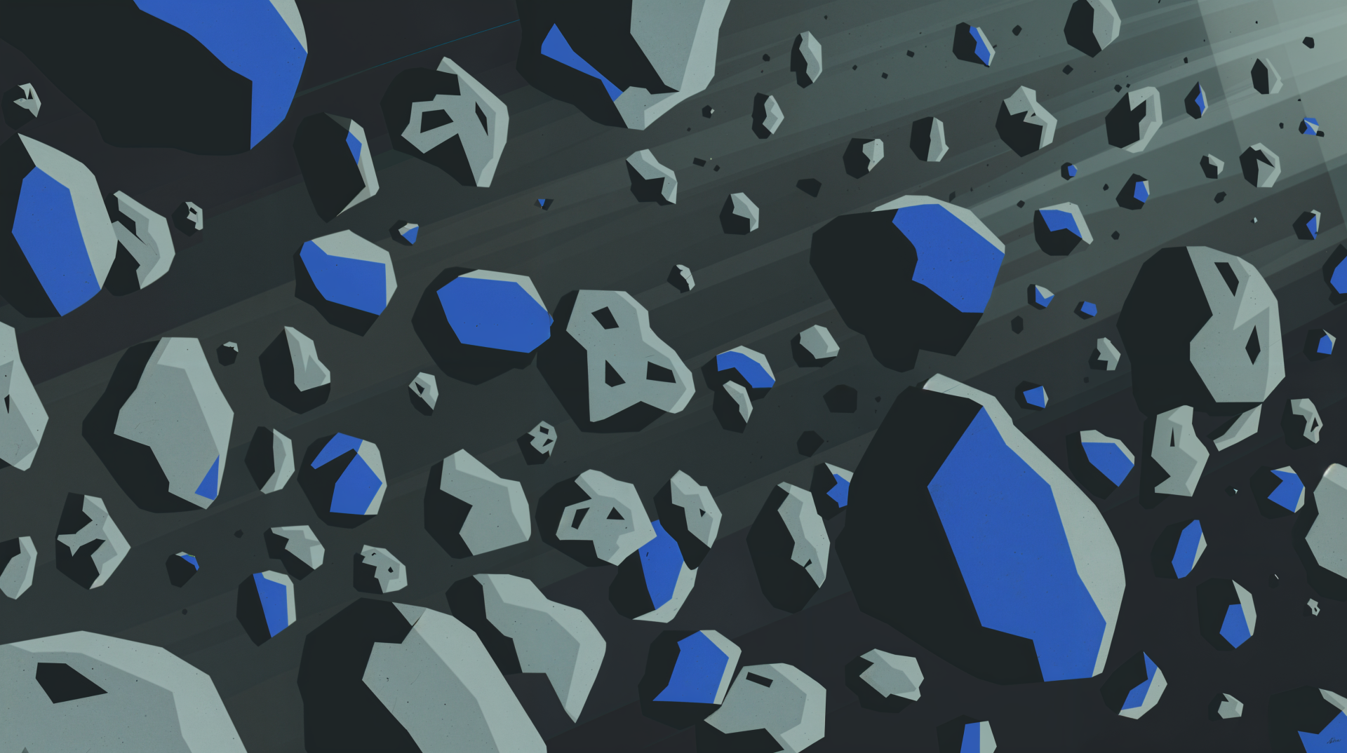 4K Ultra HD PC desktop wallpaper and background depicting a stylized asteroid field of blue-lit faceted rocks drifting through dark space.