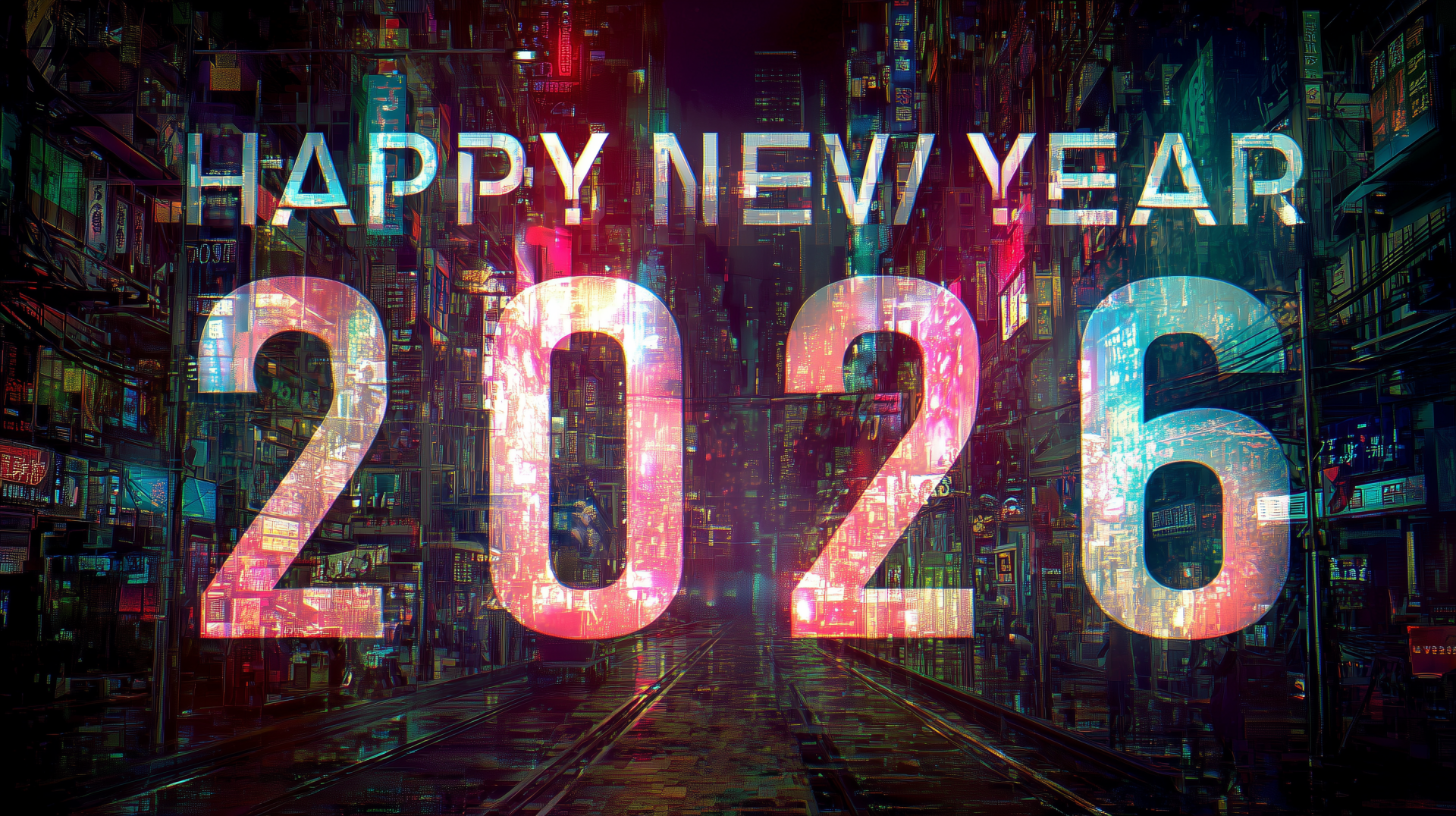 Futuristic neon sign HAPPY NEW YEAR 2026 glowing over a neon-lit cyberpunk street — vibrant 2K Quad HD PC desktop wallpaper and background.