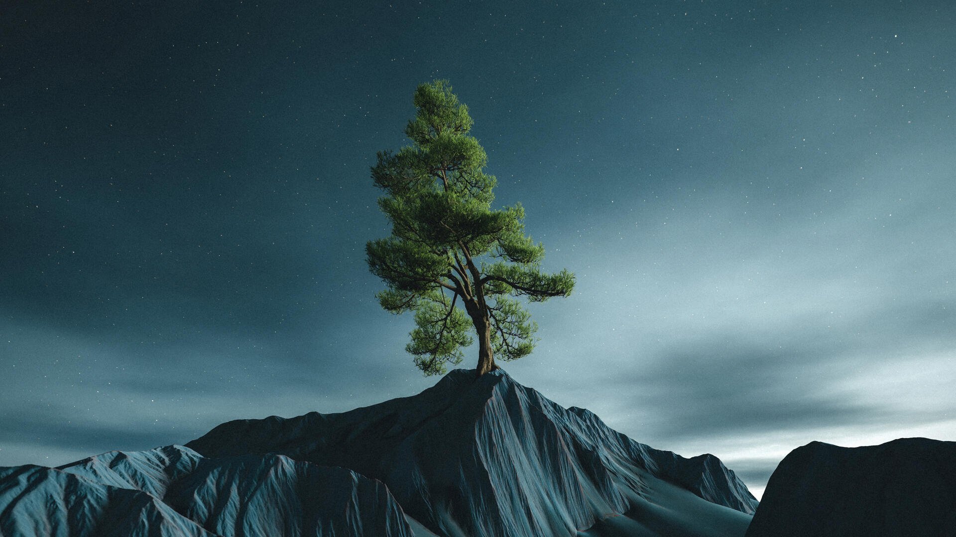 4K Ultra HD PC desktop wallpaper artwork: lone tree atop a rocky peak under a starry sky, dramatic clouds and cool, moody tones.
