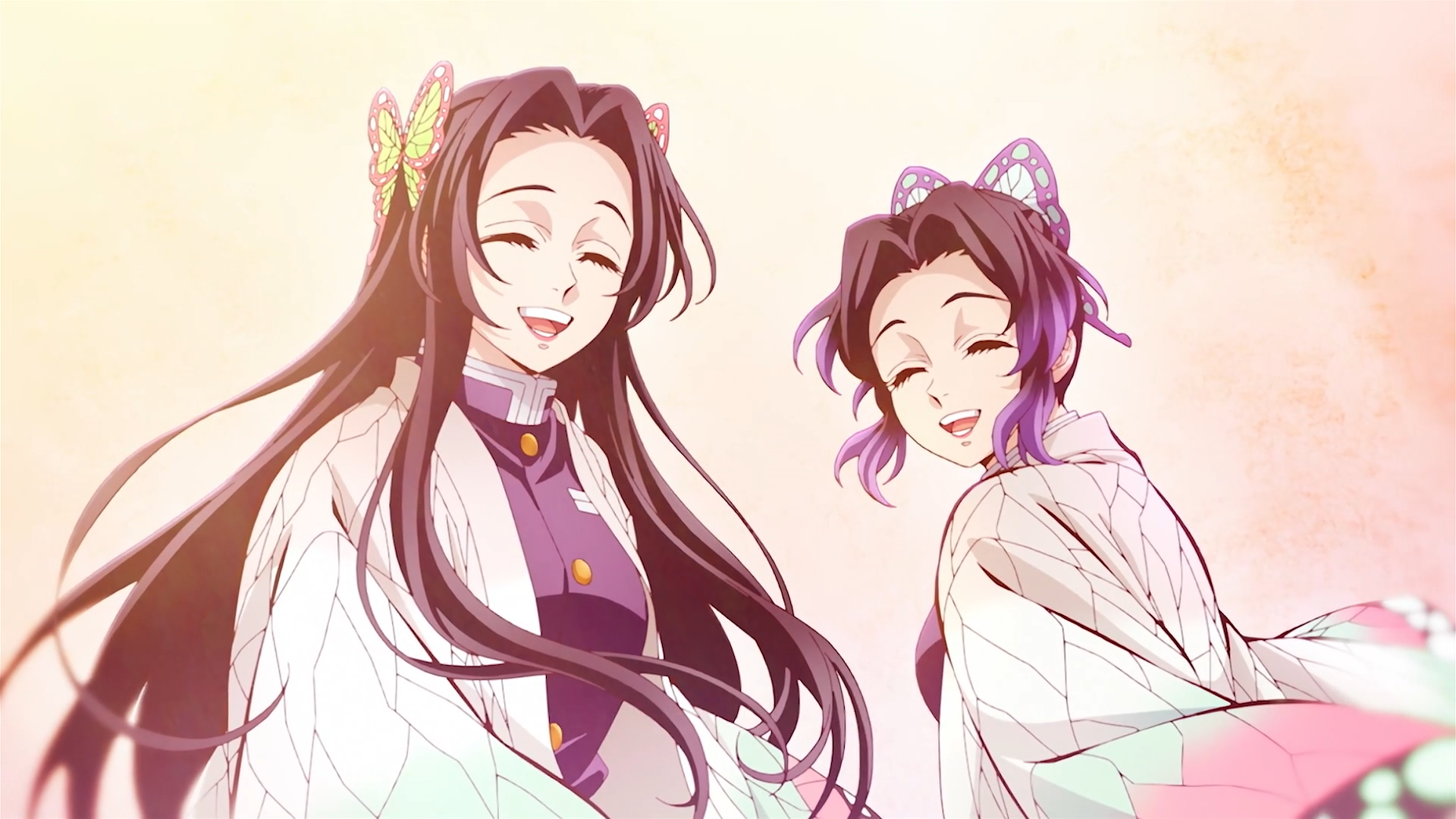 HD PC desktop wallpaper of Kanae Kochou and Shinobu Kochou from Demon Slayer, smiling together against a soft pastel sunset background, flowing hair and butterfly hairpins.
