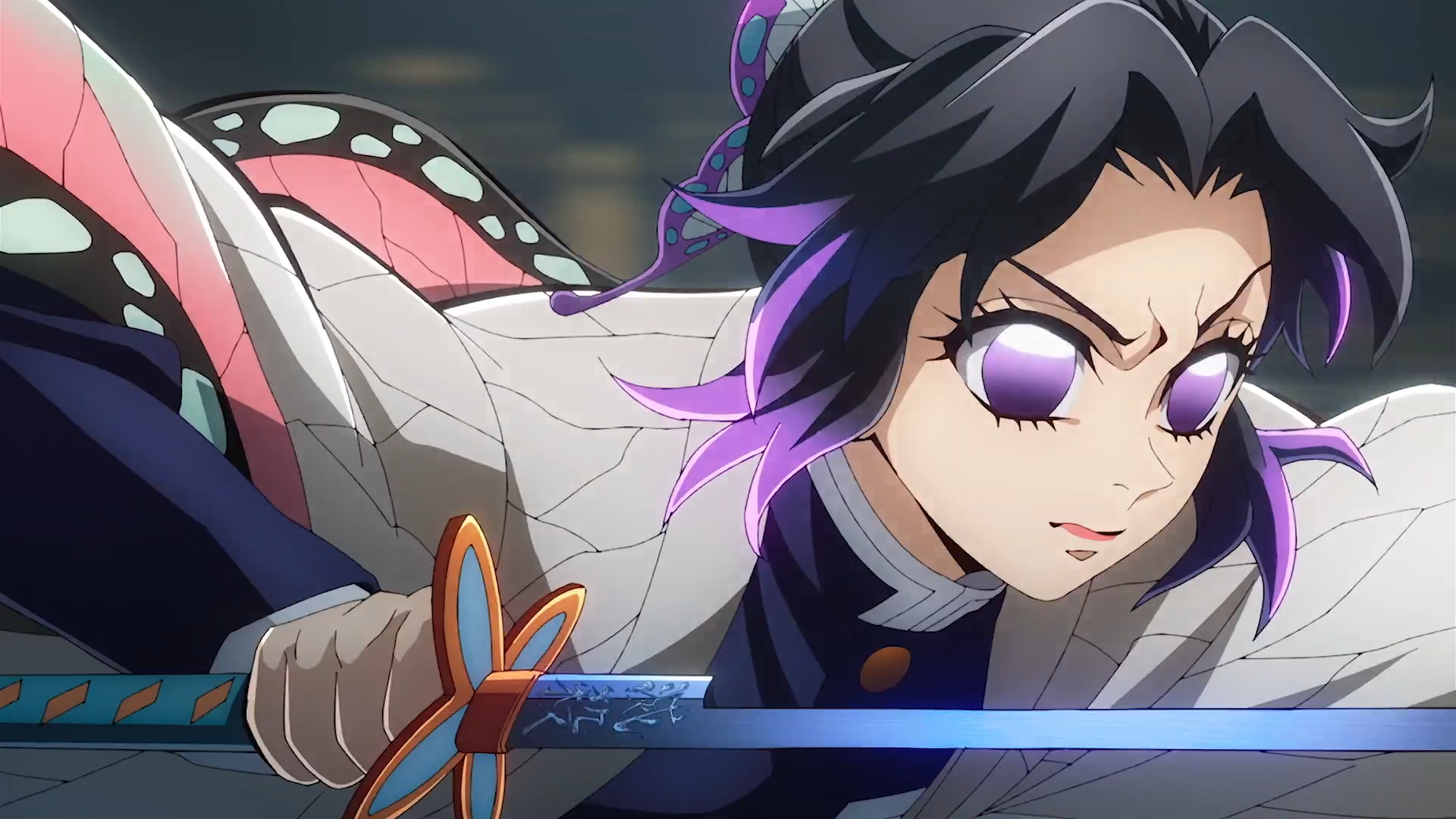 HD PC desktop wallpaper of Shinobu Kochou from Demon Slayer: Kimetsu no Yaiba — anime action pose with glowing purple eyes, butterfly hair accents, and a blue sword in swift motion.