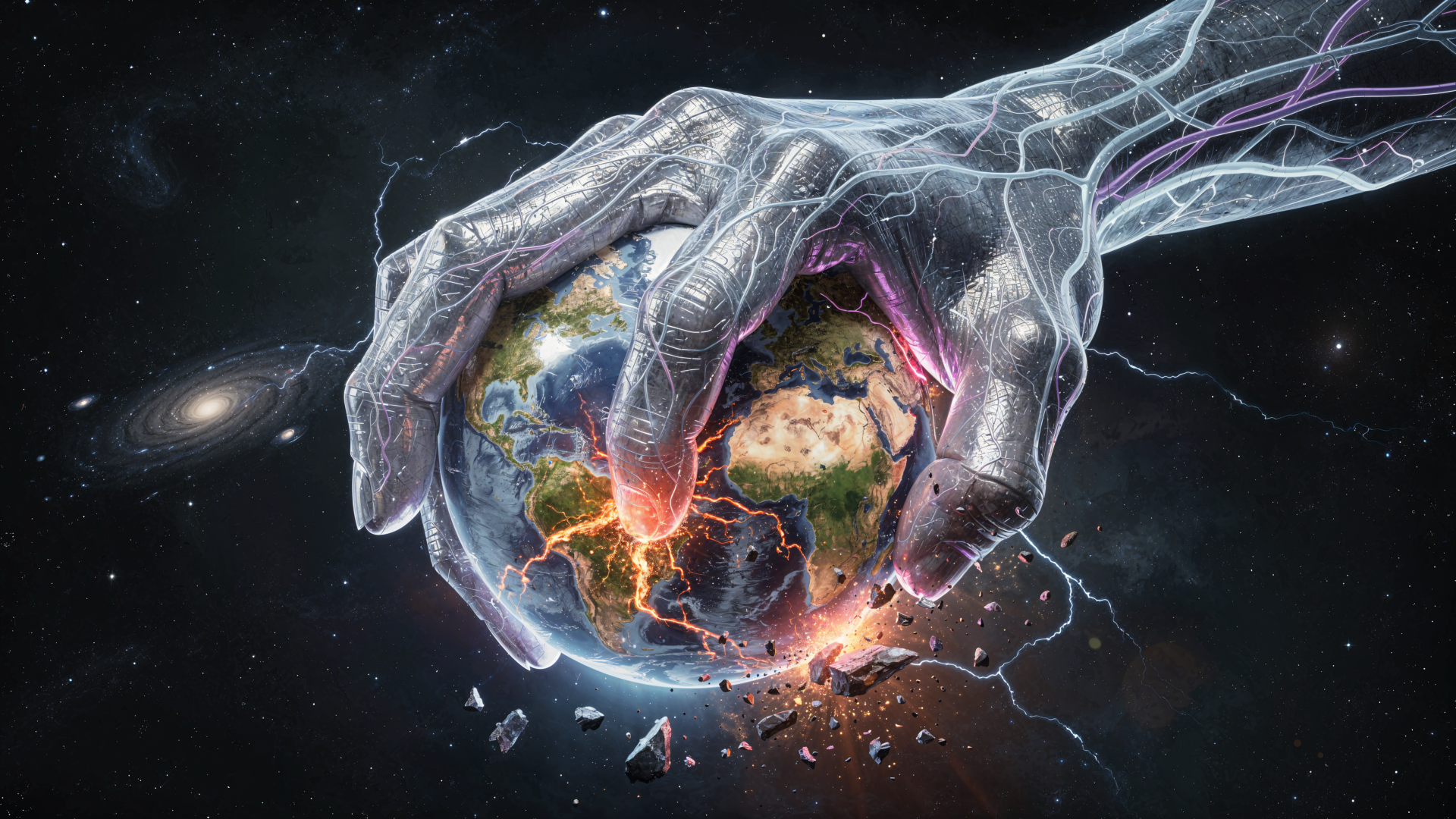 4K Ultra HD PC Desktop Wallpaper and Background: a translucent energy hand squeezing a cracked, burning Earth amid galaxies, lightning and debris.