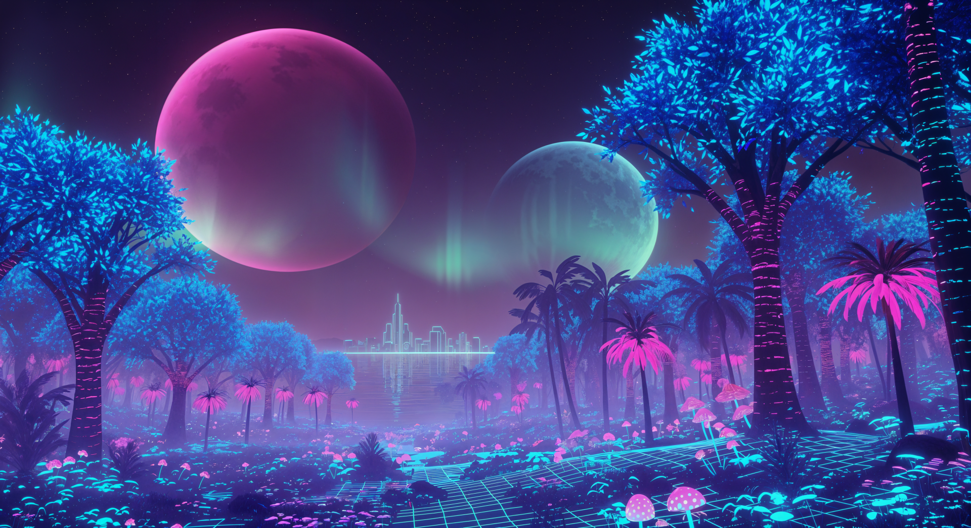 Neon retro-futuristic landscape with glowing palms, mushrooms and a grid foreground, twin moons and distant city skyline under aurora — 4K Ultra HD PC Desktop Wallpaper and Background.