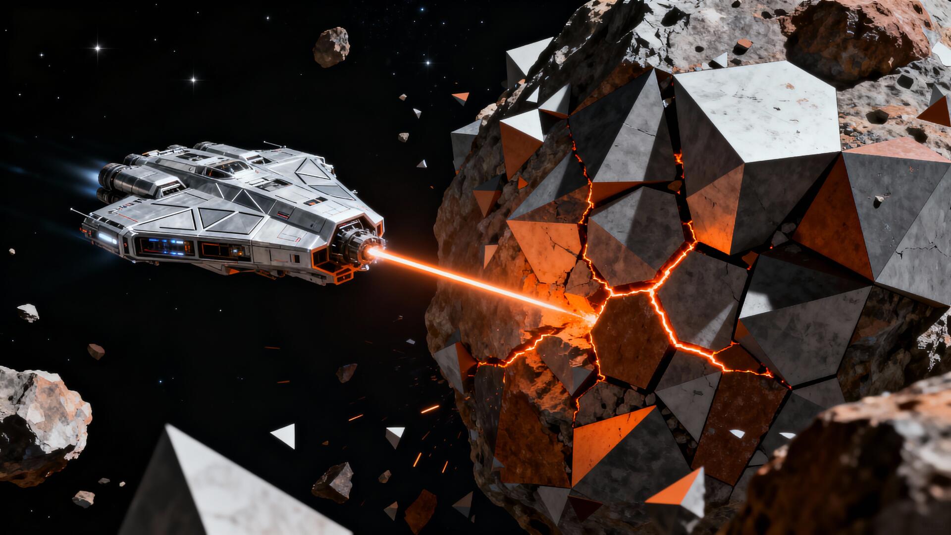 4K Ultra HD PC Desktop Wallpaper and Background: a futuristic starship fires an orange beam at a fractured, molten-core asteroid as debris drifts against a distant starfield.