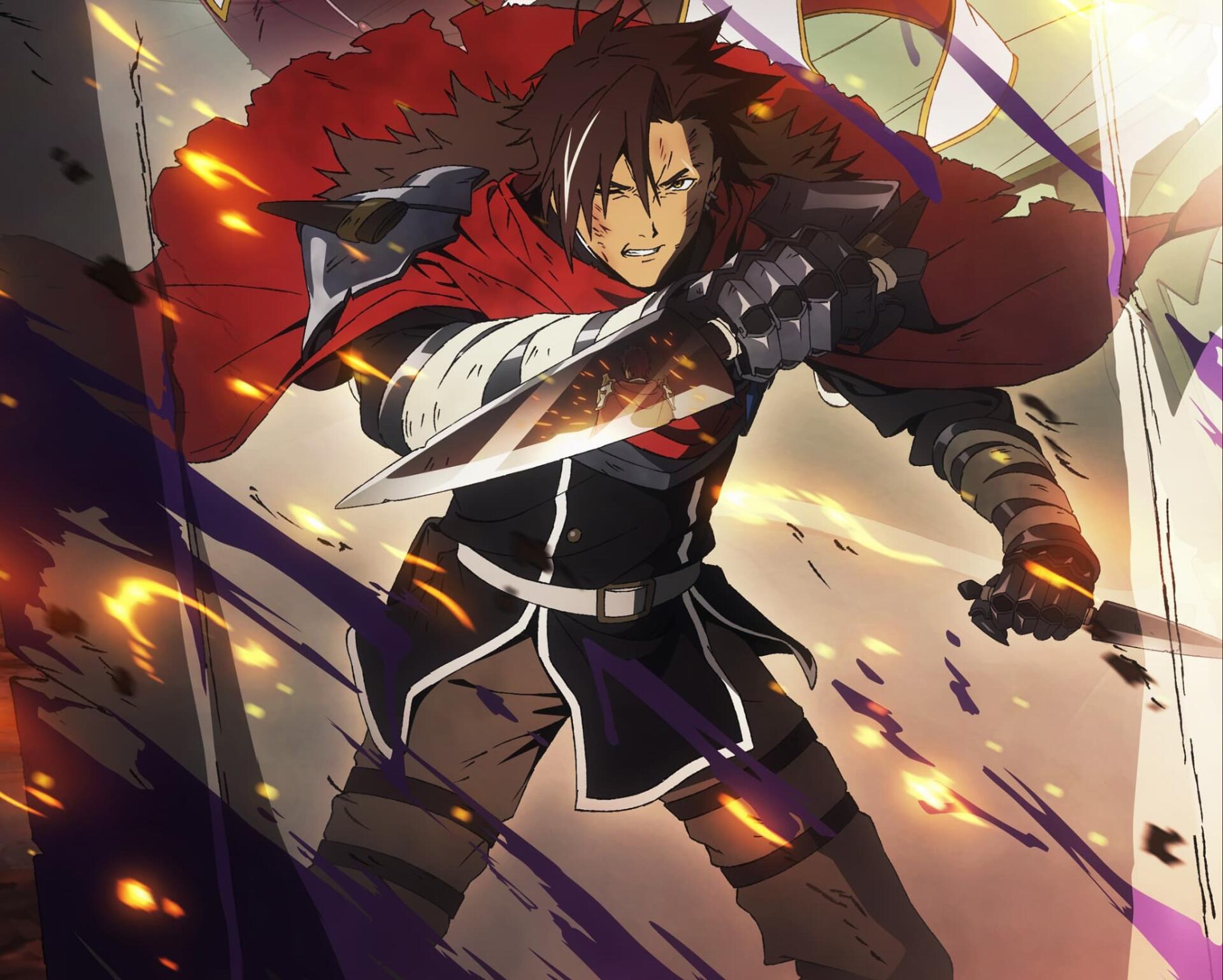 HD PC desktop wallpaper: anime scene of Xylo Forbartz from Sentenced to Be a Hero — armored hero lunging with a blood-streaked sword, red cape billowing amid sparks and debris.