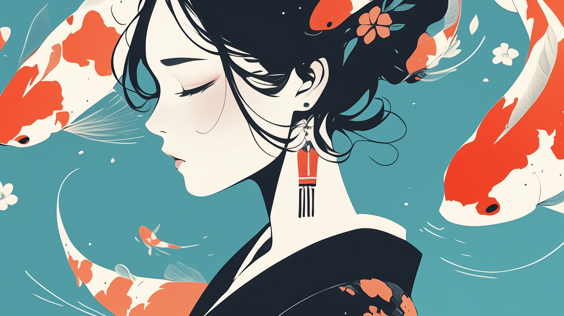 AI Art 2K Quad HD PC desktop wallpaper: anime girl in profile with dark hair and floral pin, red-and-white koi swirling around her on a teal background, elegant earring and kimono.