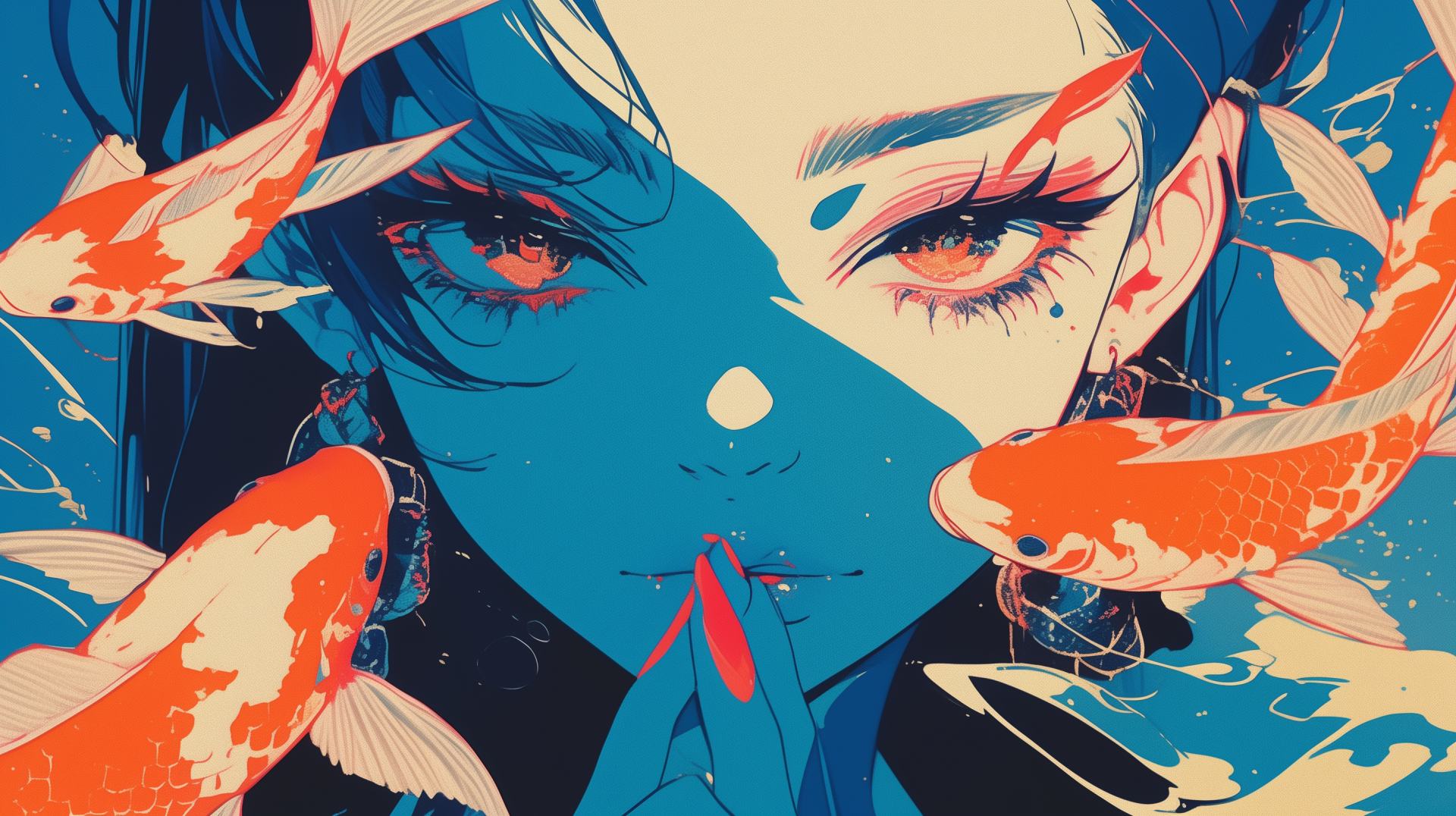 Vibrant AI art anime girl with koi swimming around her face, red-orange accents and teal palette — 2K Quad HD PC desktop wallpaper/background.