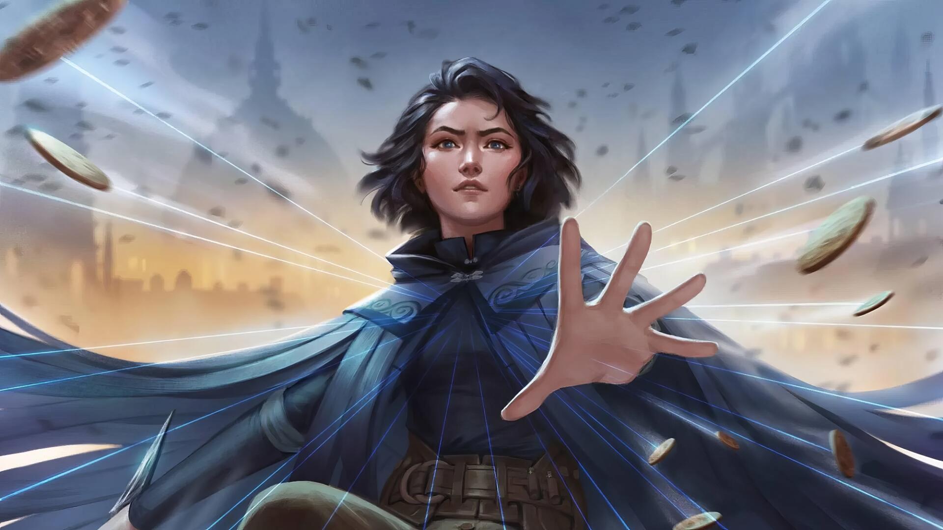 HD PC desktop wallpaper of a Mistborn video game character in a blue cloak reaching out as metal shards orbit over a misty city skyline background.