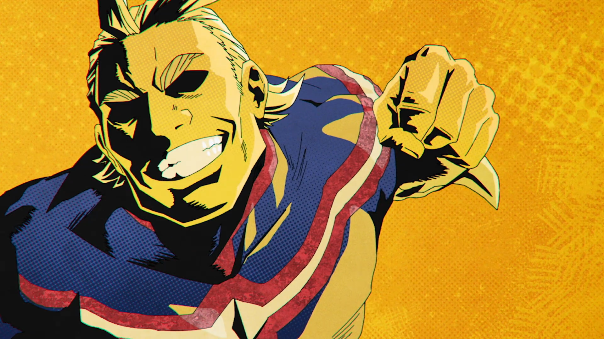 HD PC desktop wallpaper of All Might from My Hero Academia and My Hero Academia: Vigilantes — leaping forward with a grin and clenched fist against a vibrant yellow pop-art background.