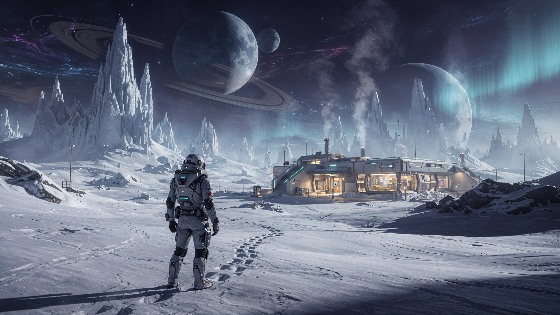 Sci Fi winter 4K Ultra HD PC desktop wallpaper: lone suited explorer crosses a snowy alien plain toward a lit outpost, jagged ice spires rising and ringed planets looming overhead.