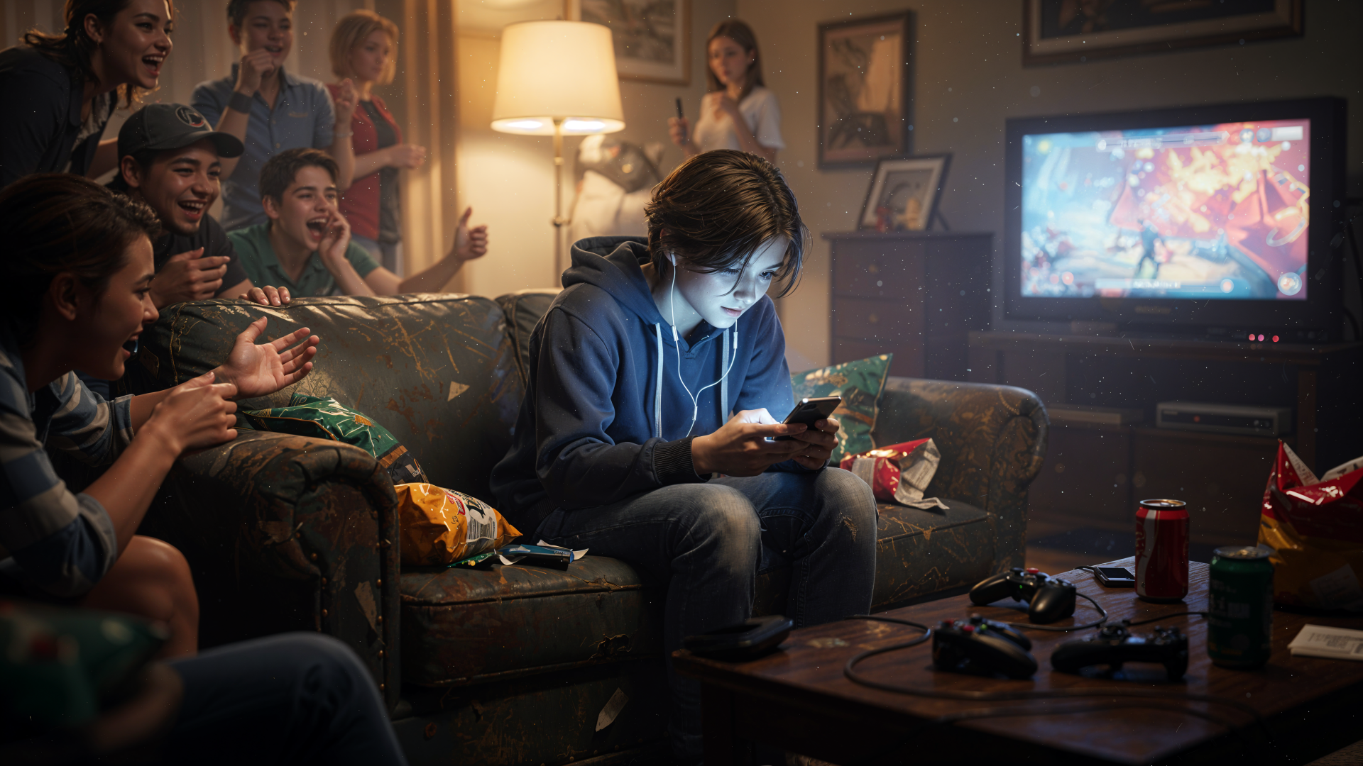 4K Ultra HD PC desktop wallpaper: a young person glued to a smartphone in a crowded living room, highlighting phone addiction amid friends, snacks and gaming distractions.